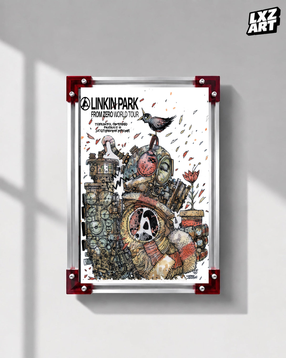Linkin Park From Zero Toronto 2025 tour poster in gray wall red-corner frame display
