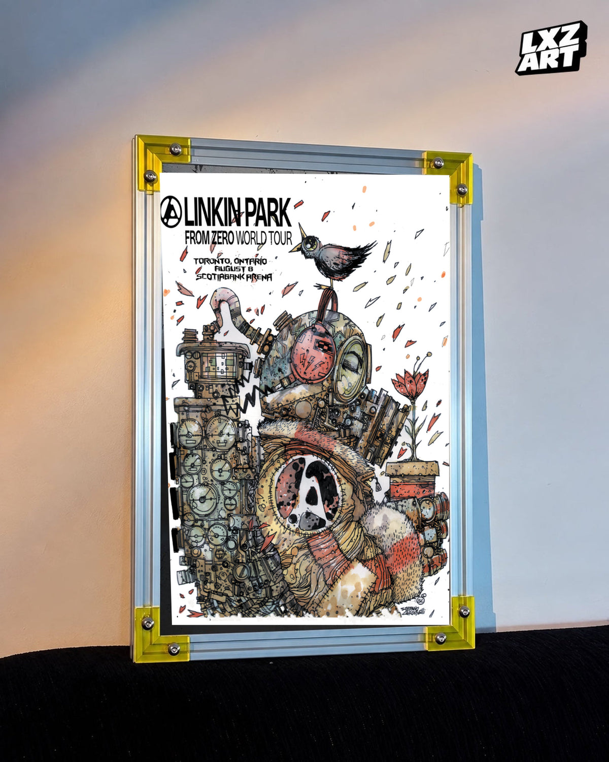 Linkin Park From Zero Toronto 2025 tour poster in warm wall yellow-corner frame display