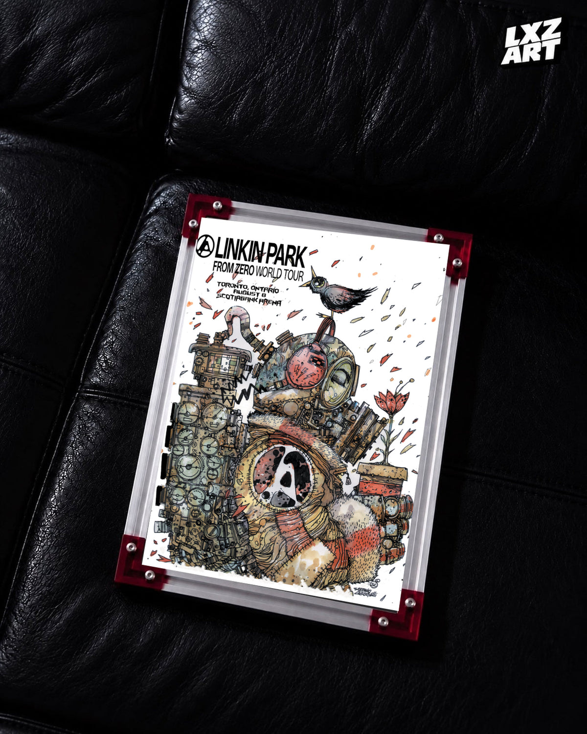 Linkin Park From Zero Toronto 2025 tour poster in black leather sofa red-corner frame display