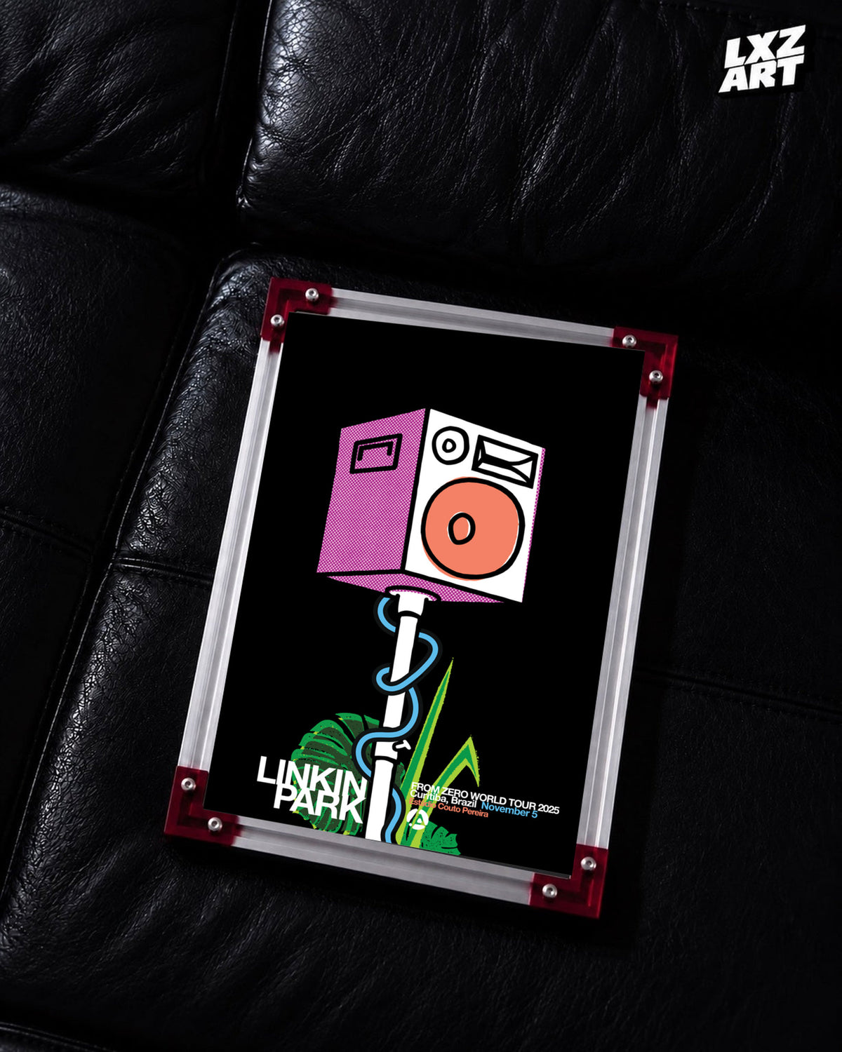 Linkin Park From Zero Curitiba 2025 tour poster in black leather sofa red-corner frame display