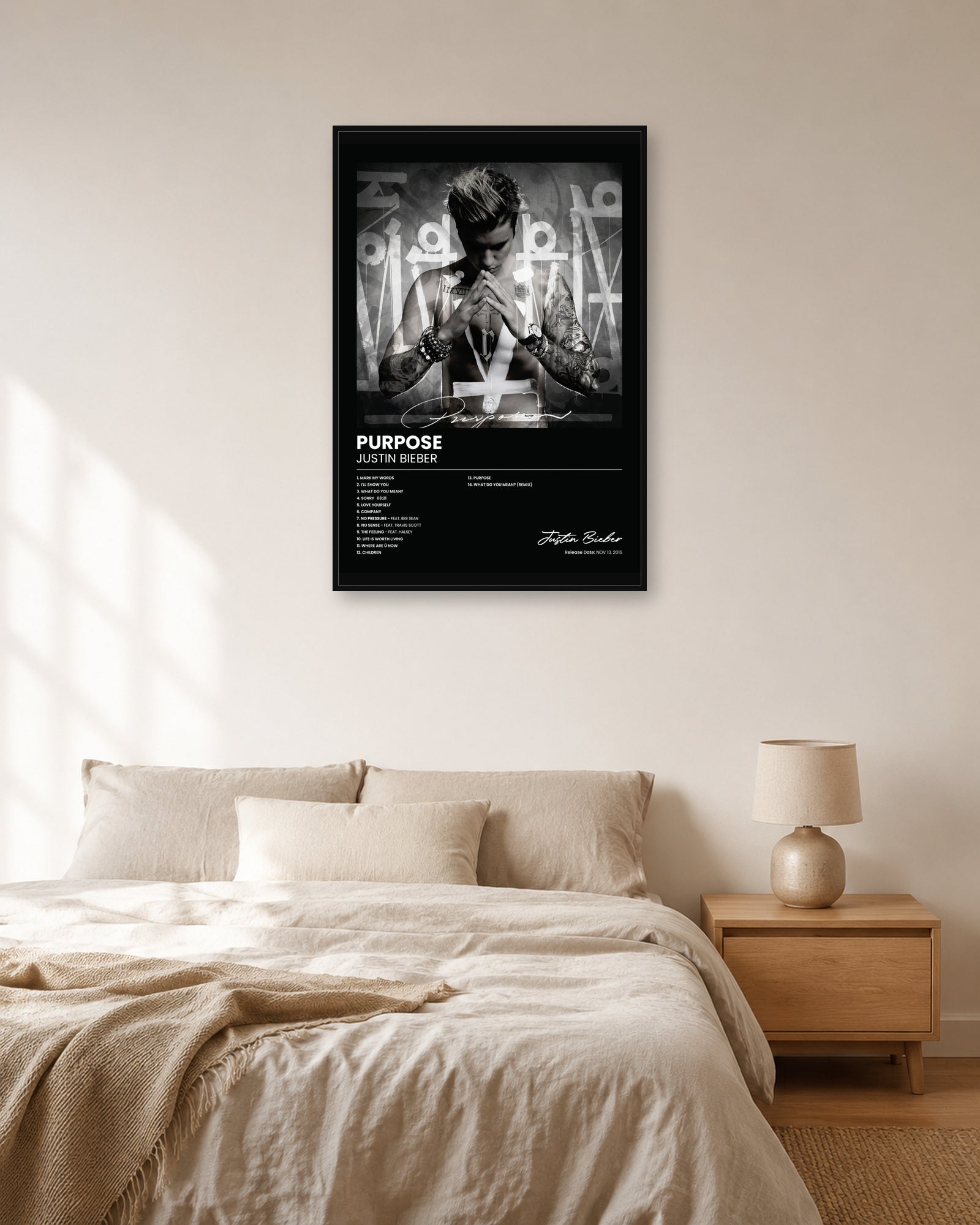 Justin Bieber Purpose album poster in fixed off-white natural-light bedroom display scene