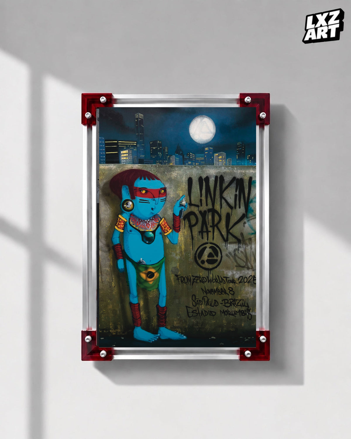 Linkin Park From Zero São Paulo 2025 tour poster in gray wall red-corner frame display