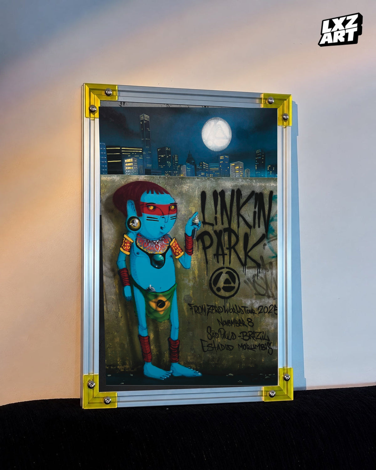 Linkin Park From Zero São Paulo 2025 tour poster in warm wall yellow-corner frame display