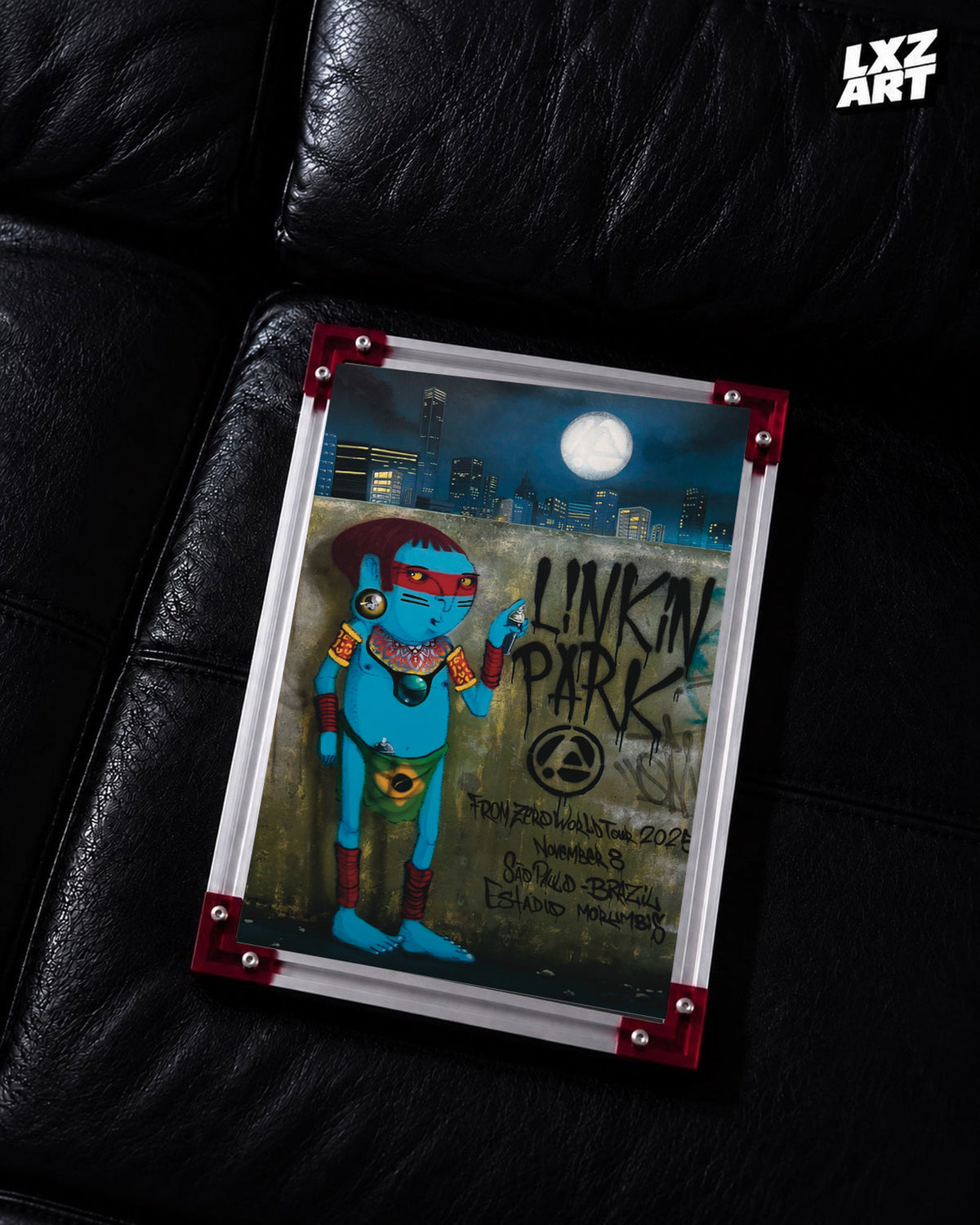 Linkin Park From Zero São Paulo 2025 tour poster in black leather sofa red-corner frame display