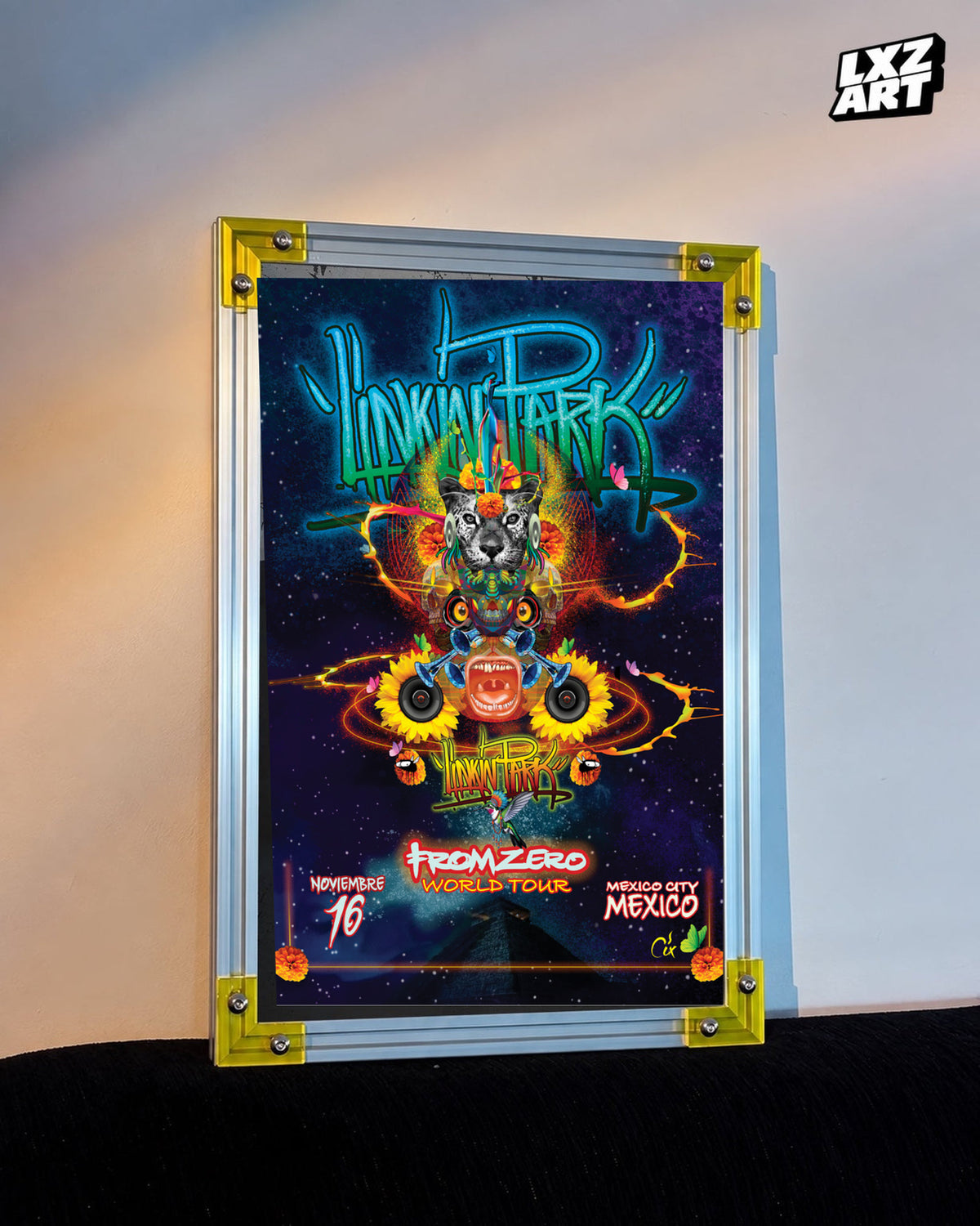 Linkin Park From Zero Mexico City 2025 tour poster in warm wall yellow-corner frame display