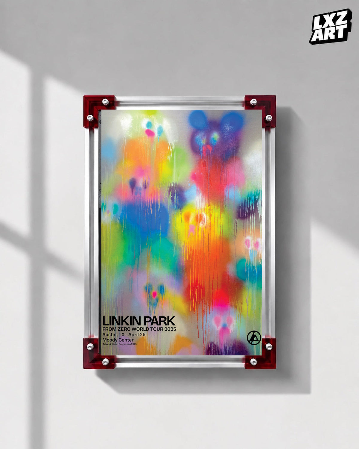 Linkin Park From Zero Austin 2025 tour poster in gray wall red-corner frame display