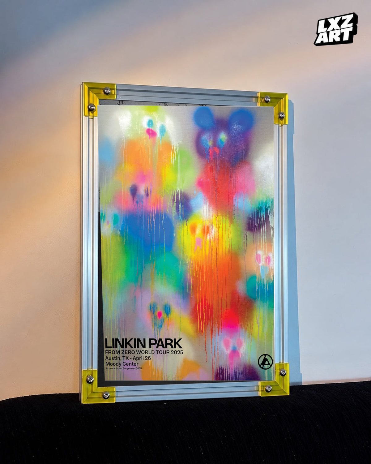 Linkin Park From Zero Austin 2025 tour poster in warm wall yellow-corner frame display