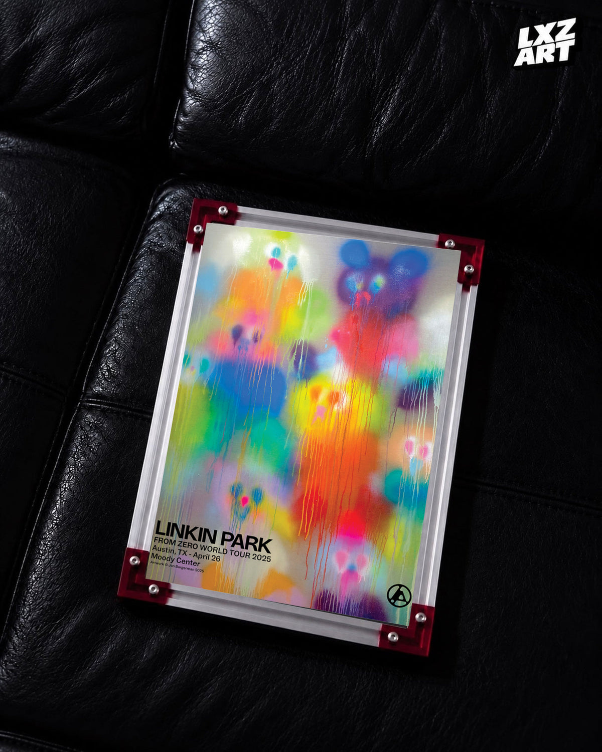 Linkin Park From Zero Austin 2025 tour poster in black leather sofa red-corner frame display