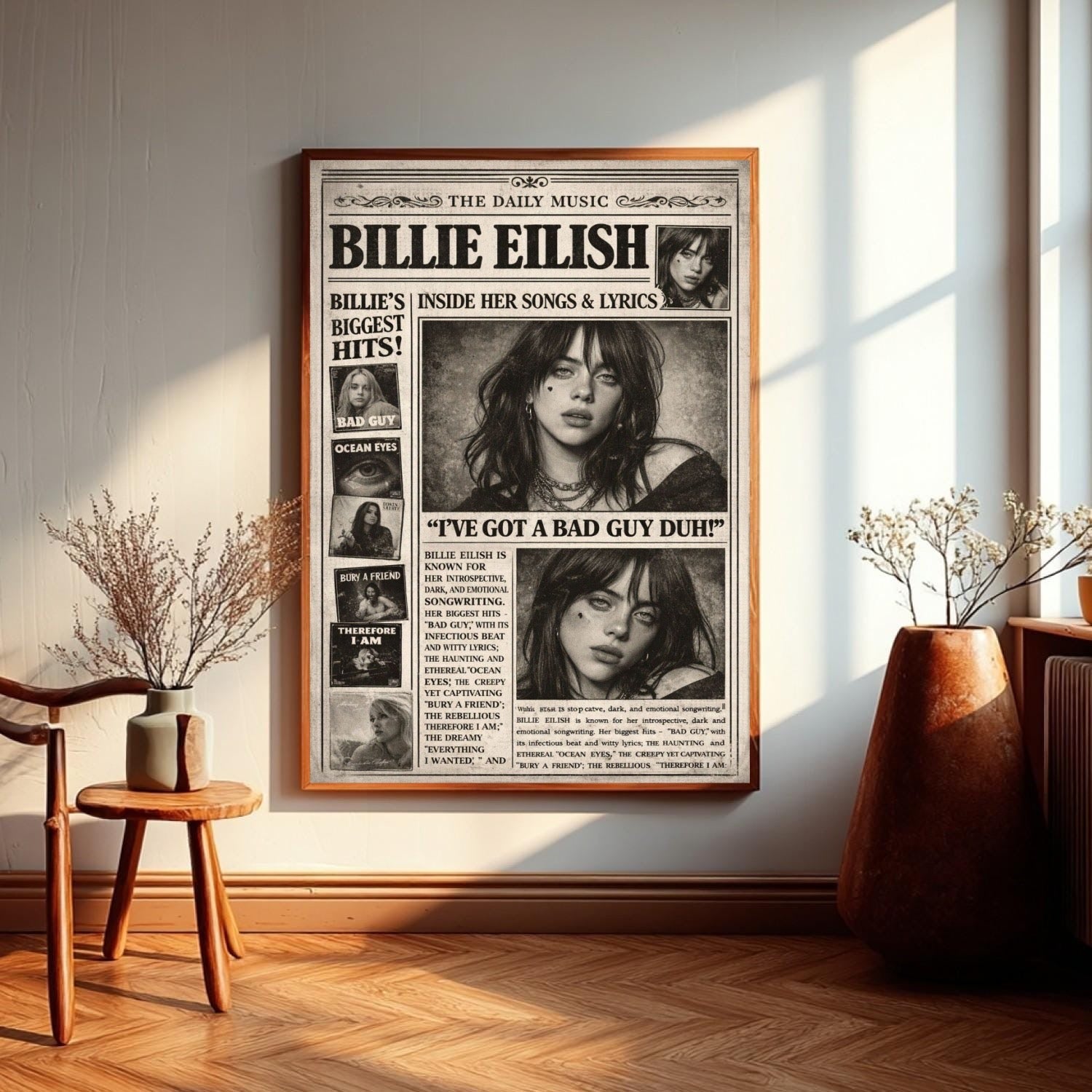 Billie Eilish Vintage Newspaper Style  Waterproof Non-woven Decor album cover poster print wall art decor
