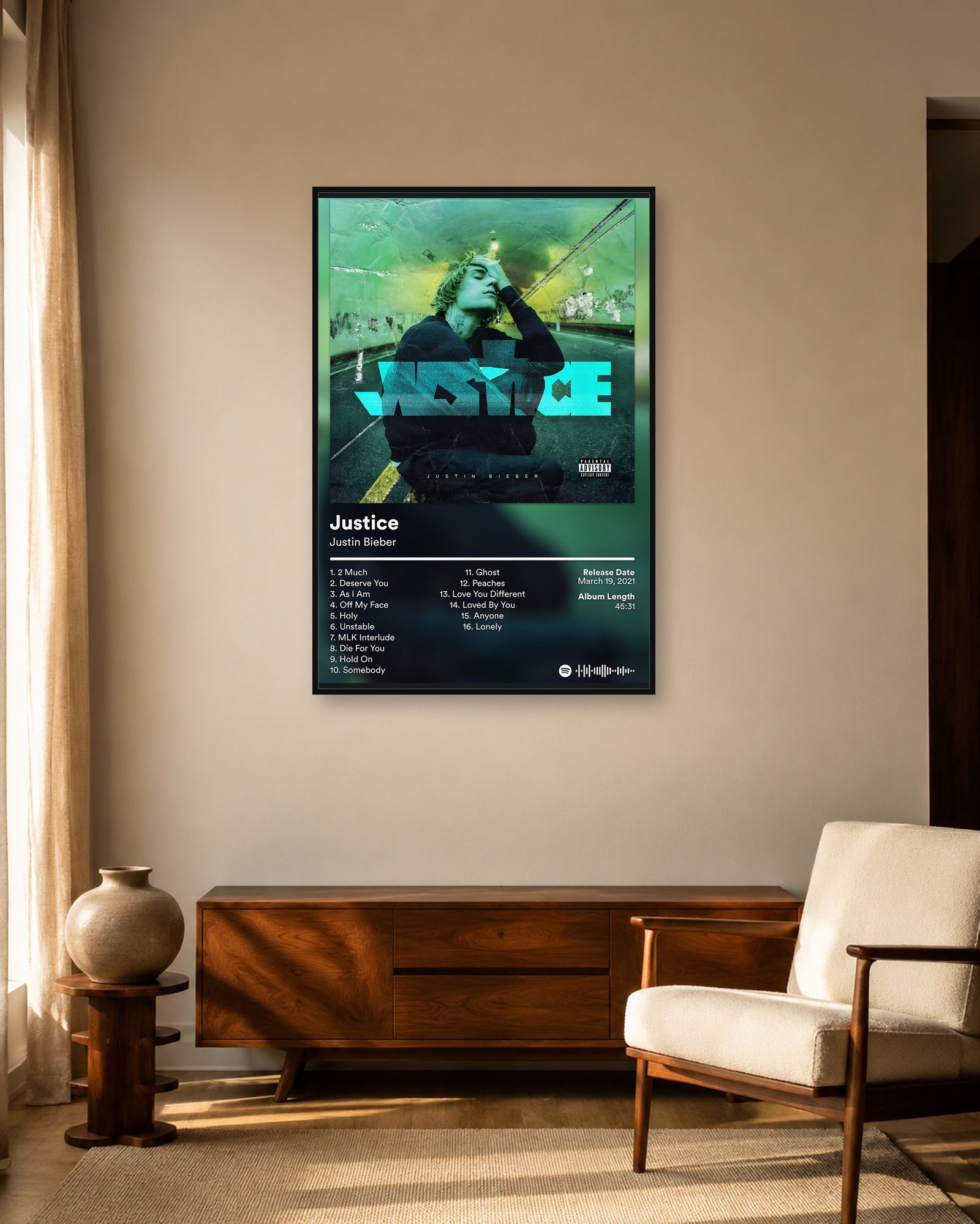 Justin Bieber Justice album poster in fixed warm mid-century living room display scene