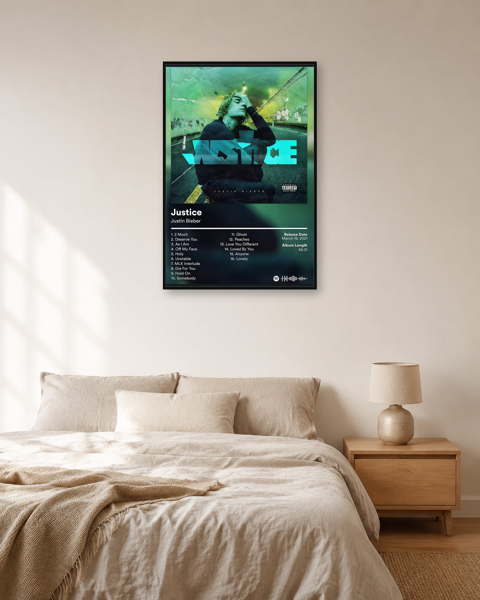 Justin Bieber Justice album poster in fixed off-white natural-light bedroom display scene