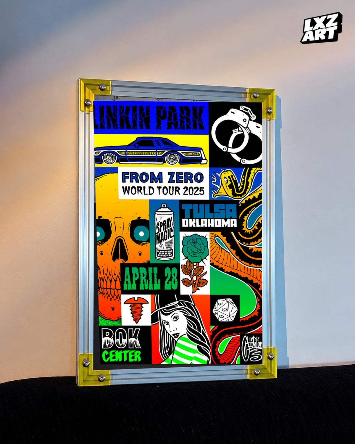 Linkin Park From Zero Tulsa 2025 tour poster in warm wall yellow-corner frame display