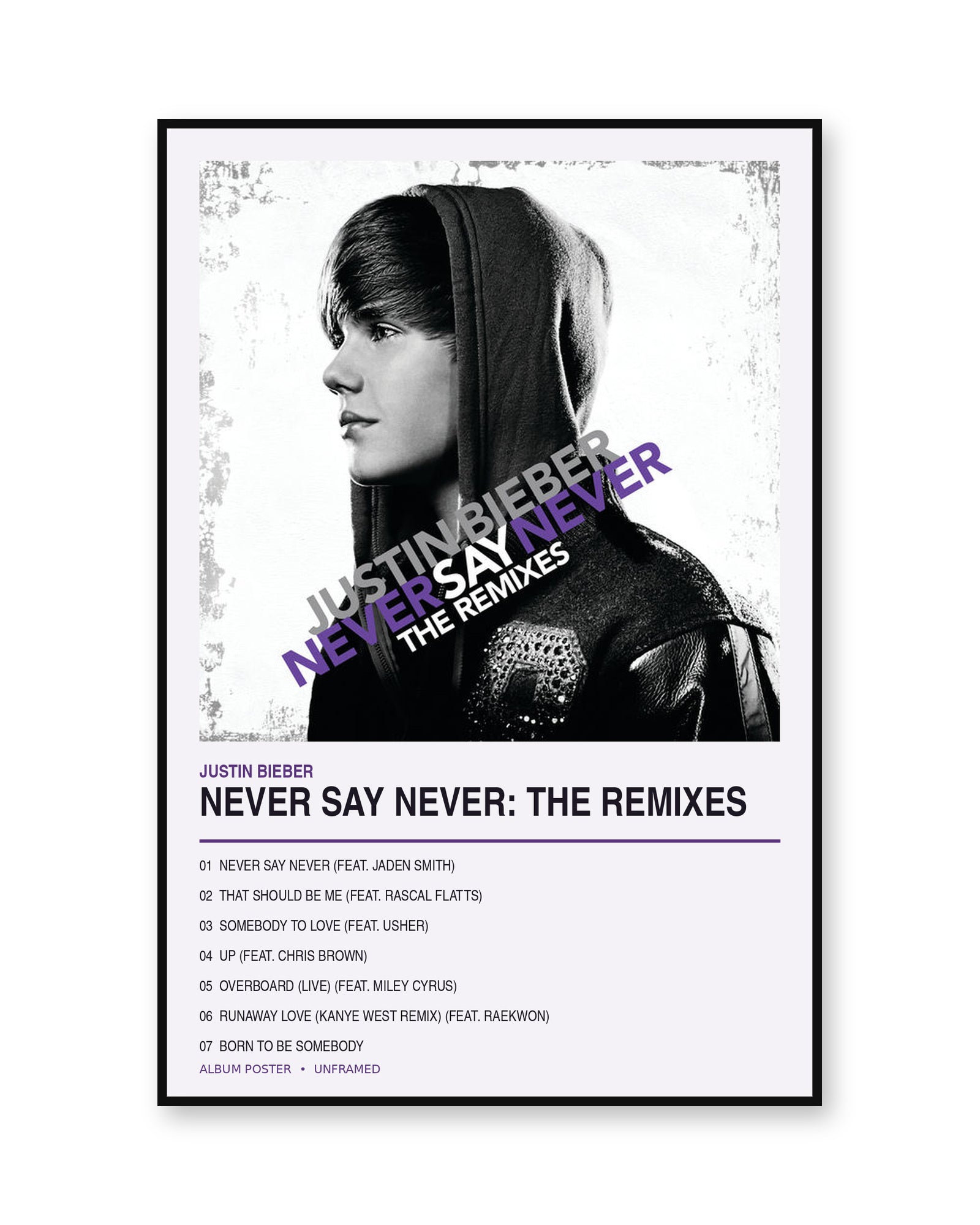 Justin Bieber Never Say Never: The Remixes album poster in thin black display frame on a pure white background