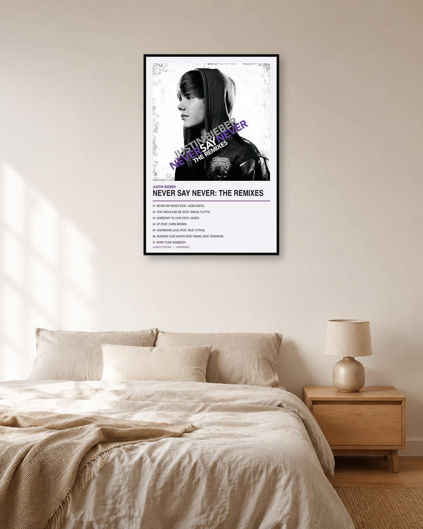 Justin Bieber Never Say Never: The Remixes album poster in fixed off-white natural-light bedroom display scene