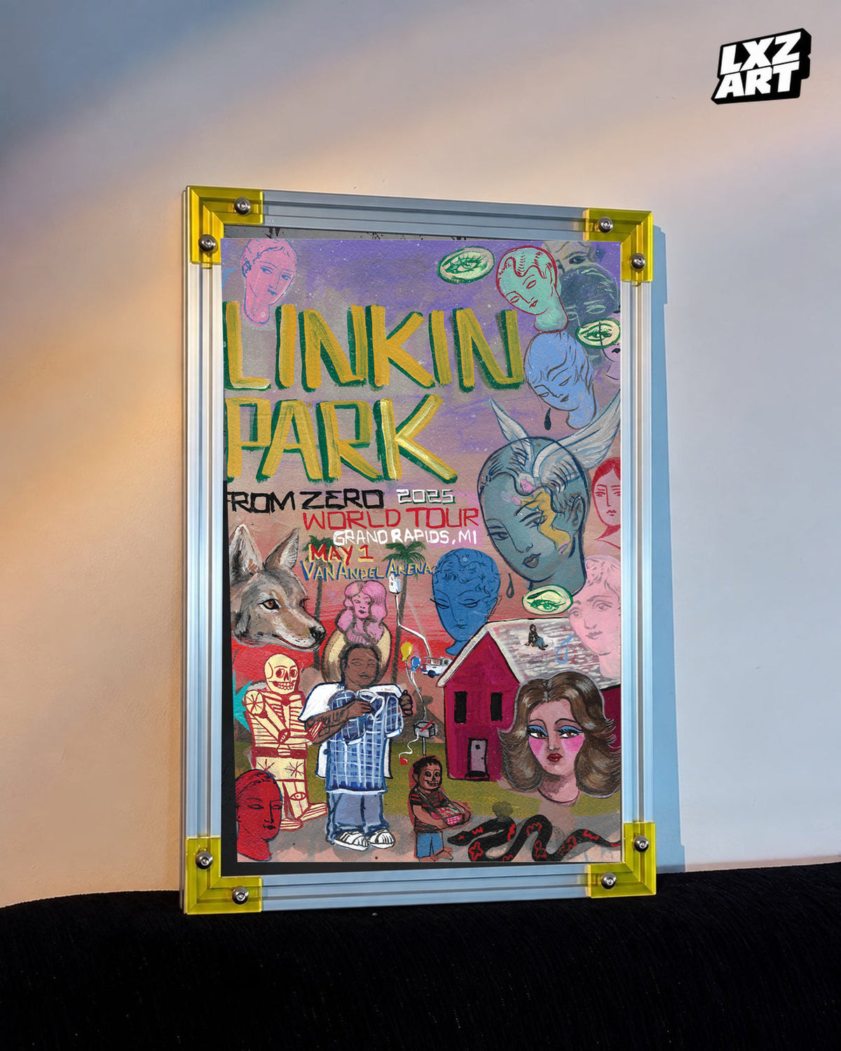 Linkin Park From Zero Grand Rapids 2025 tour poster in warm wall yellow-corner frame display