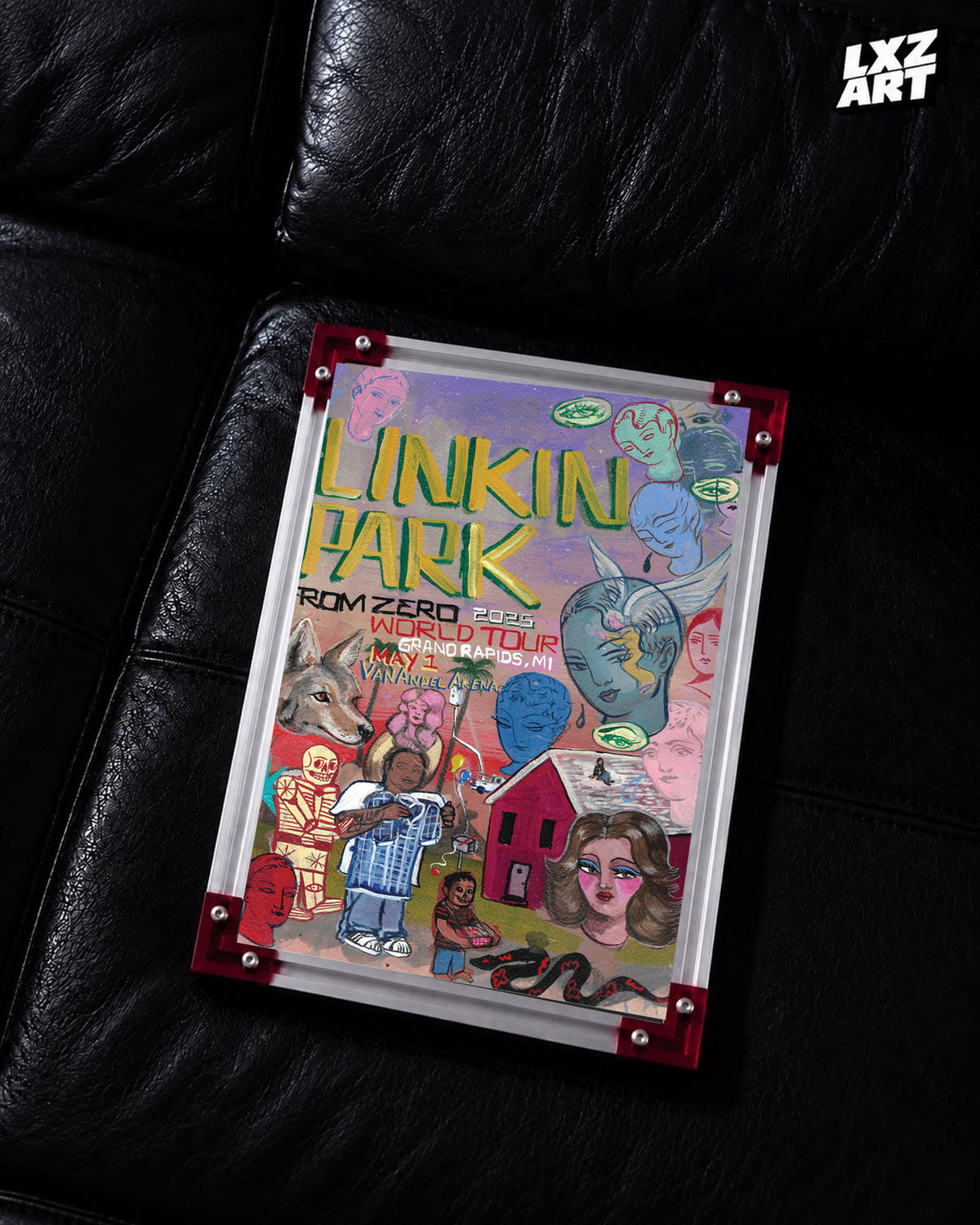 Linkin Park From Zero Grand Rapids 2025 tour poster in black leather sofa red-corner frame display