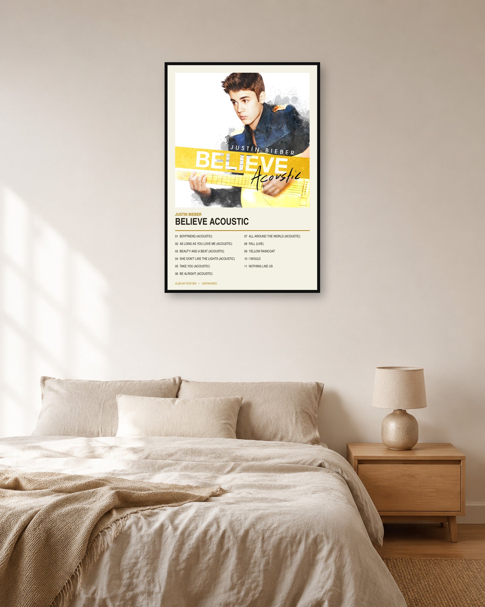 Justin Bieber Believe Acoustic album poster in fixed off-white natural-light bedroom display scene