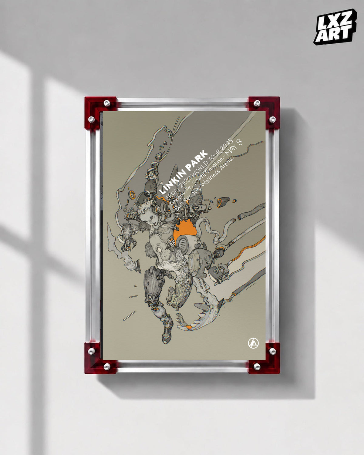 Linkin Park From Zero Greenville 2025 tour poster in gray wall red-corner frame display