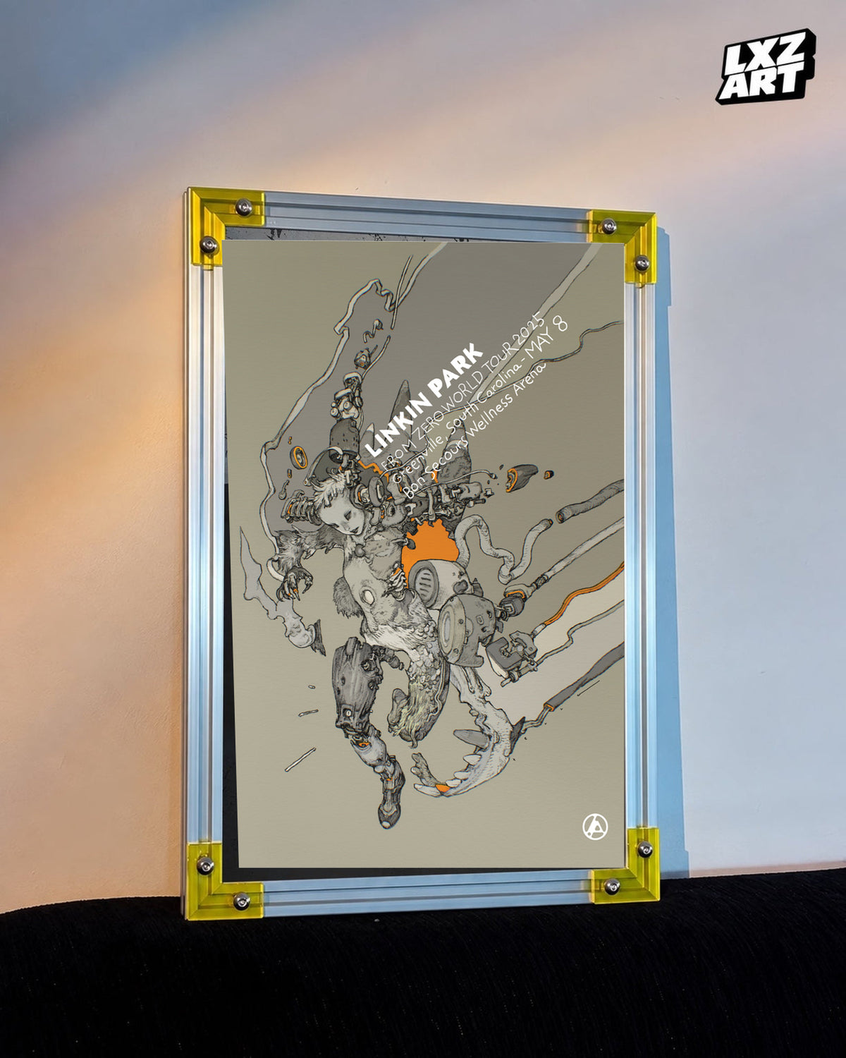 Linkin Park From Zero Greenville 2025 tour poster in warm wall yellow-corner frame display