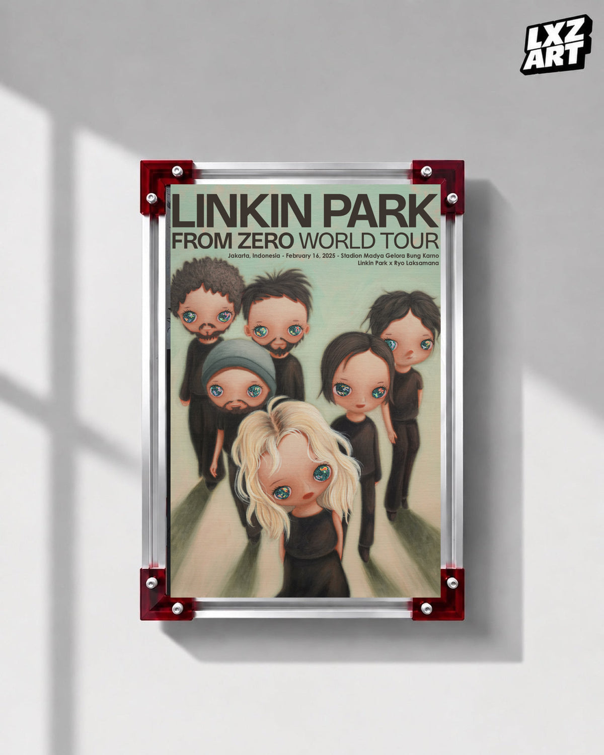 Linkin Park From Zero Jakarta 2025 tour poster in gray wall red-corner frame display