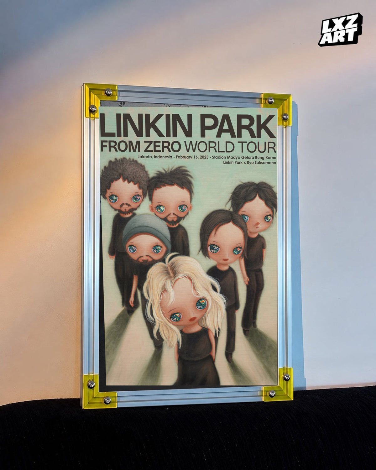 Linkin Park From Zero Jakarta 2025 tour poster in warm wall yellow-corner frame display