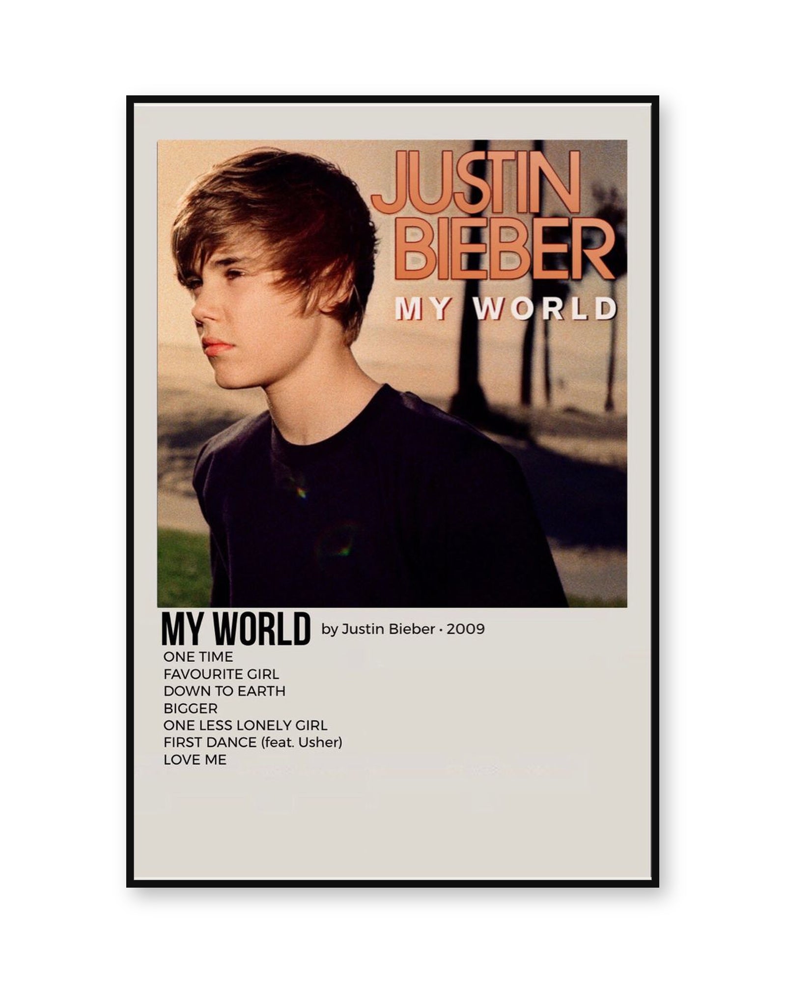 Justin Bieber My World album poster in thin black display frame on a pure white background