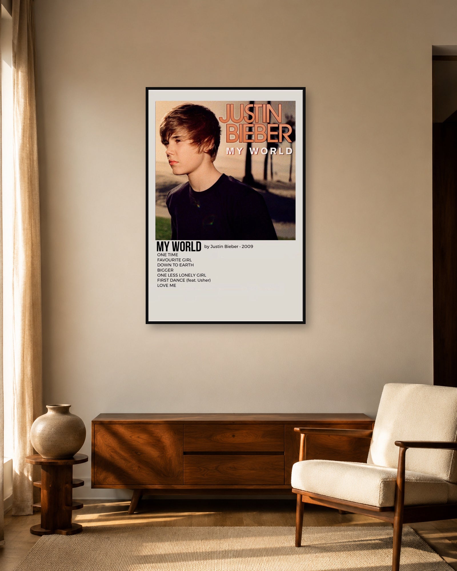 Justin Bieber My World album poster in fixed warm mid-century living room display scene