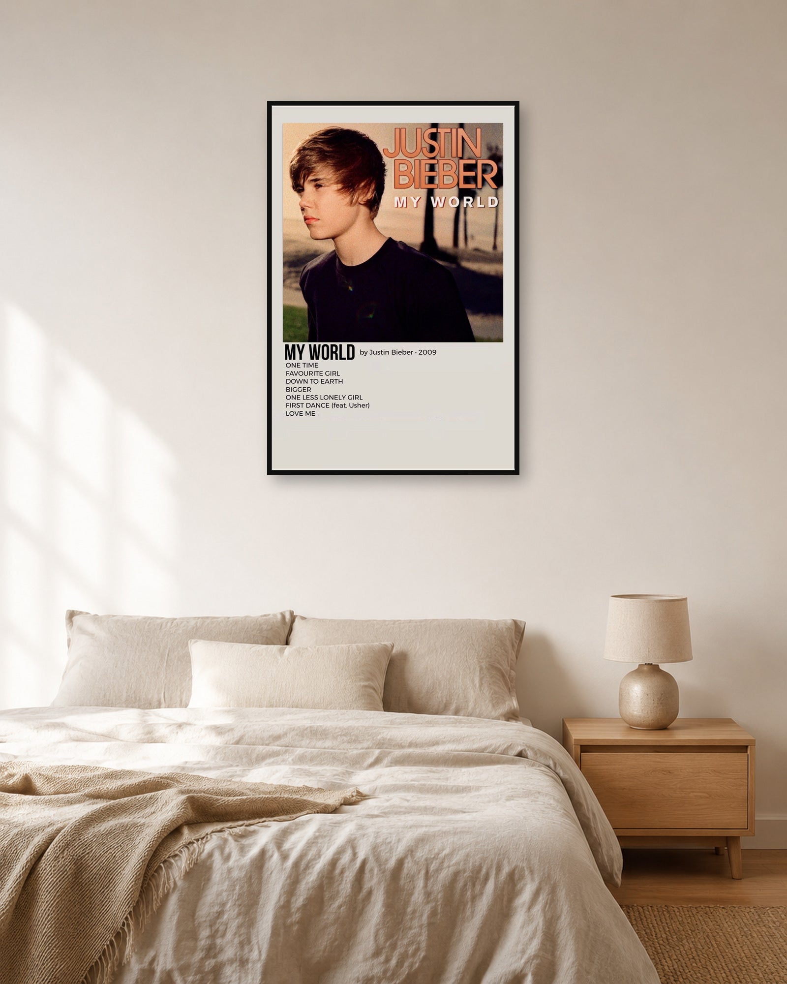 Justin Bieber My World album poster in fixed off-white natural-light bedroom display scene