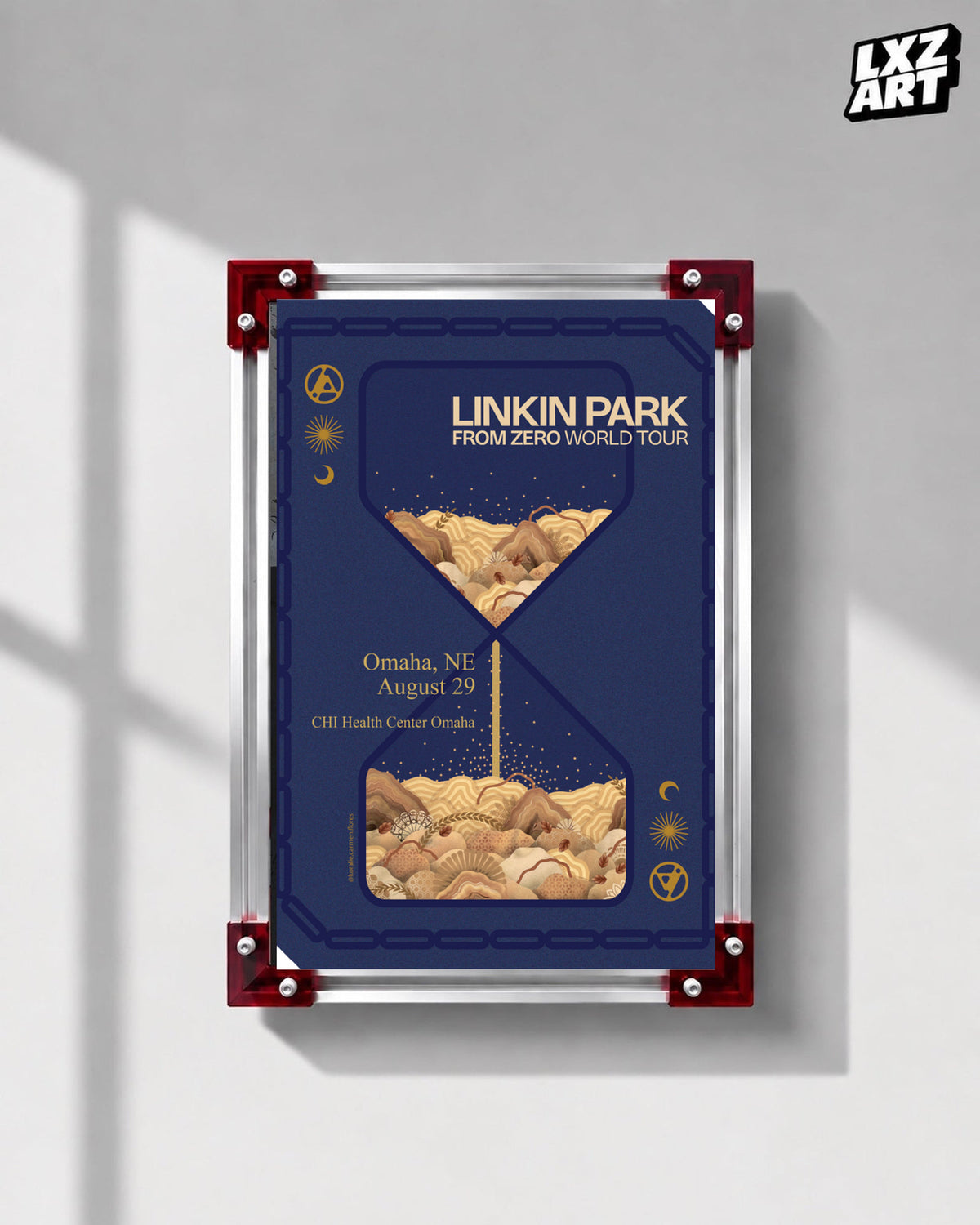 Linkin Park From Zero Omaha 2025 tour poster in gray wall red-corner frame display