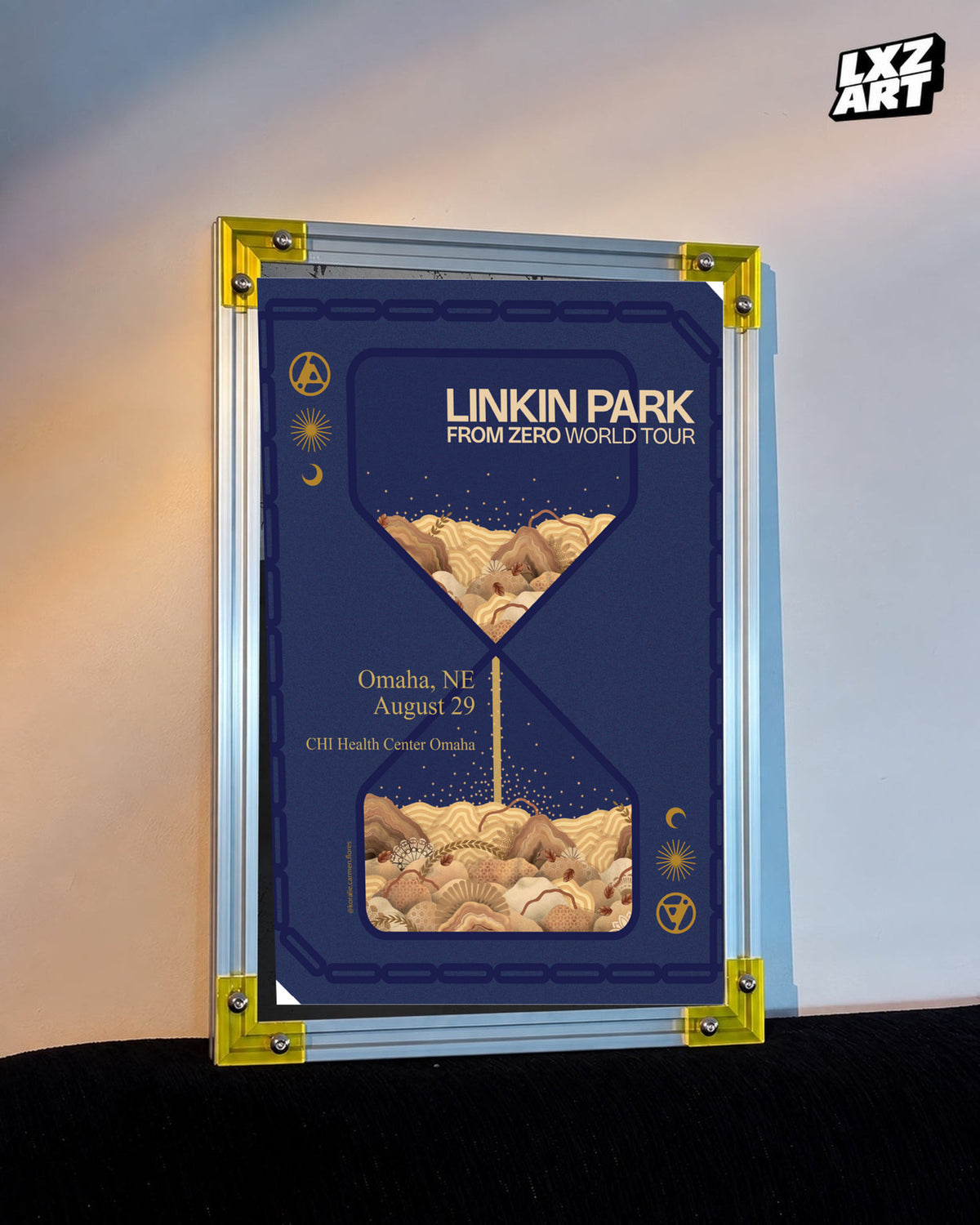 Linkin Park From Zero Omaha 2025 tour poster in warm wall yellow-corner frame display