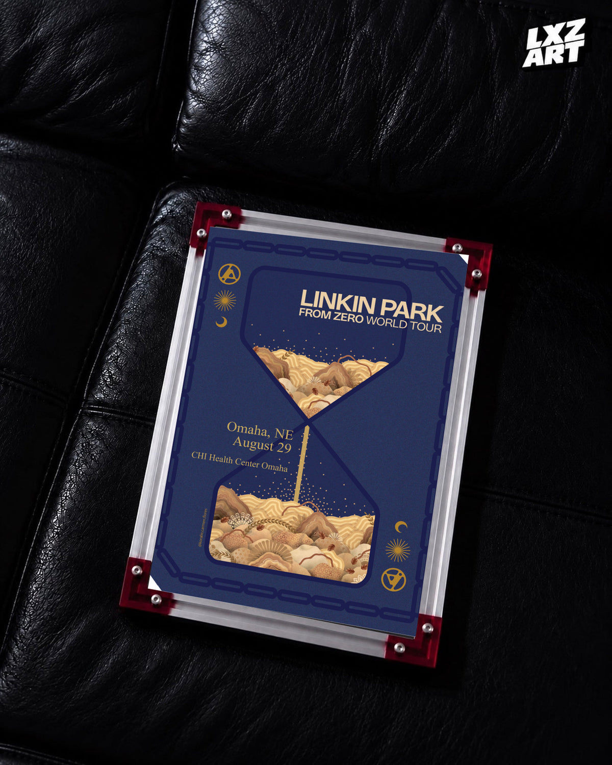 Linkin Park From Zero Omaha 2025 tour poster in black leather sofa red-corner frame display