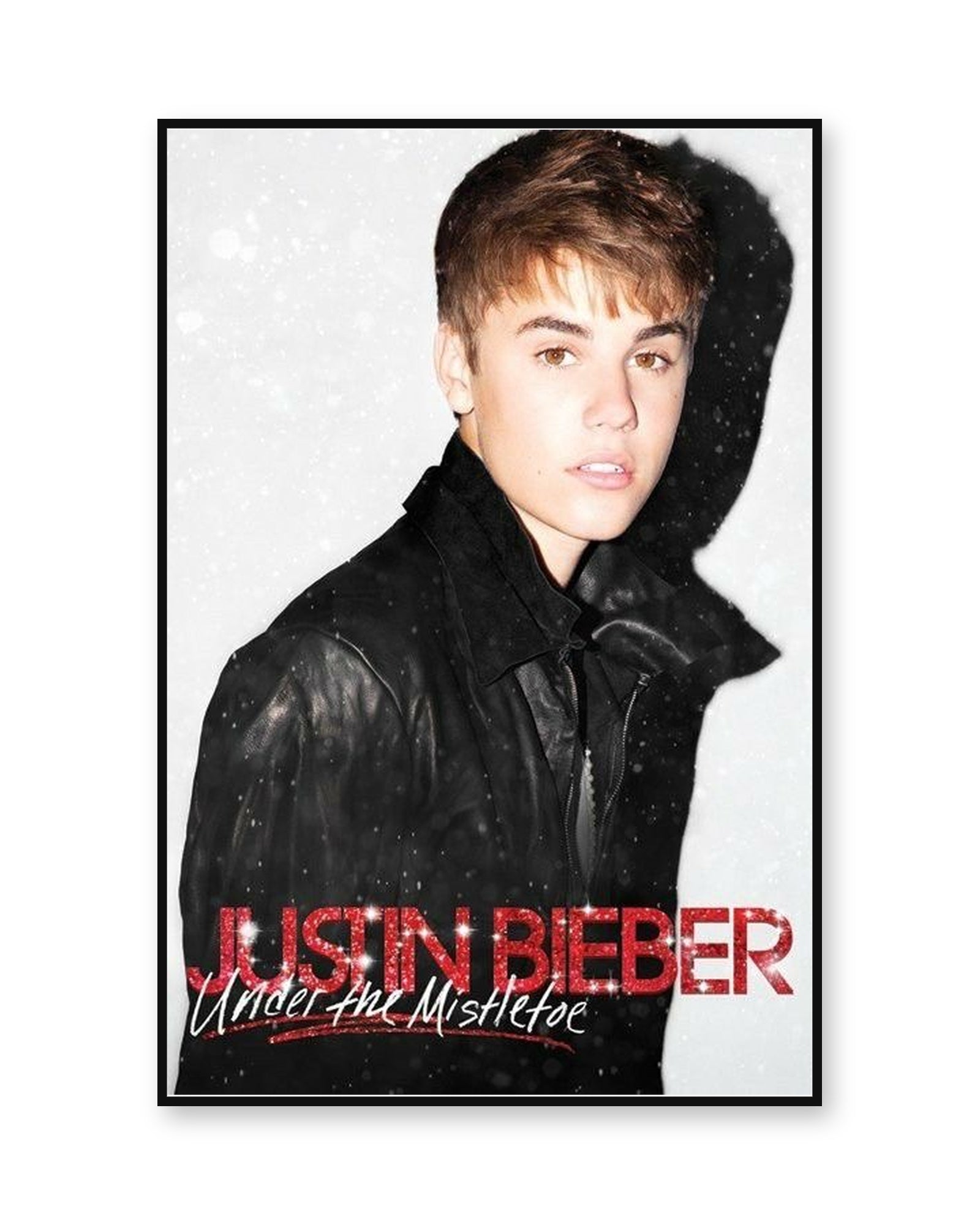 Justin Bieber Under the Mistletoe album poster in thin black display frame on a pure white background