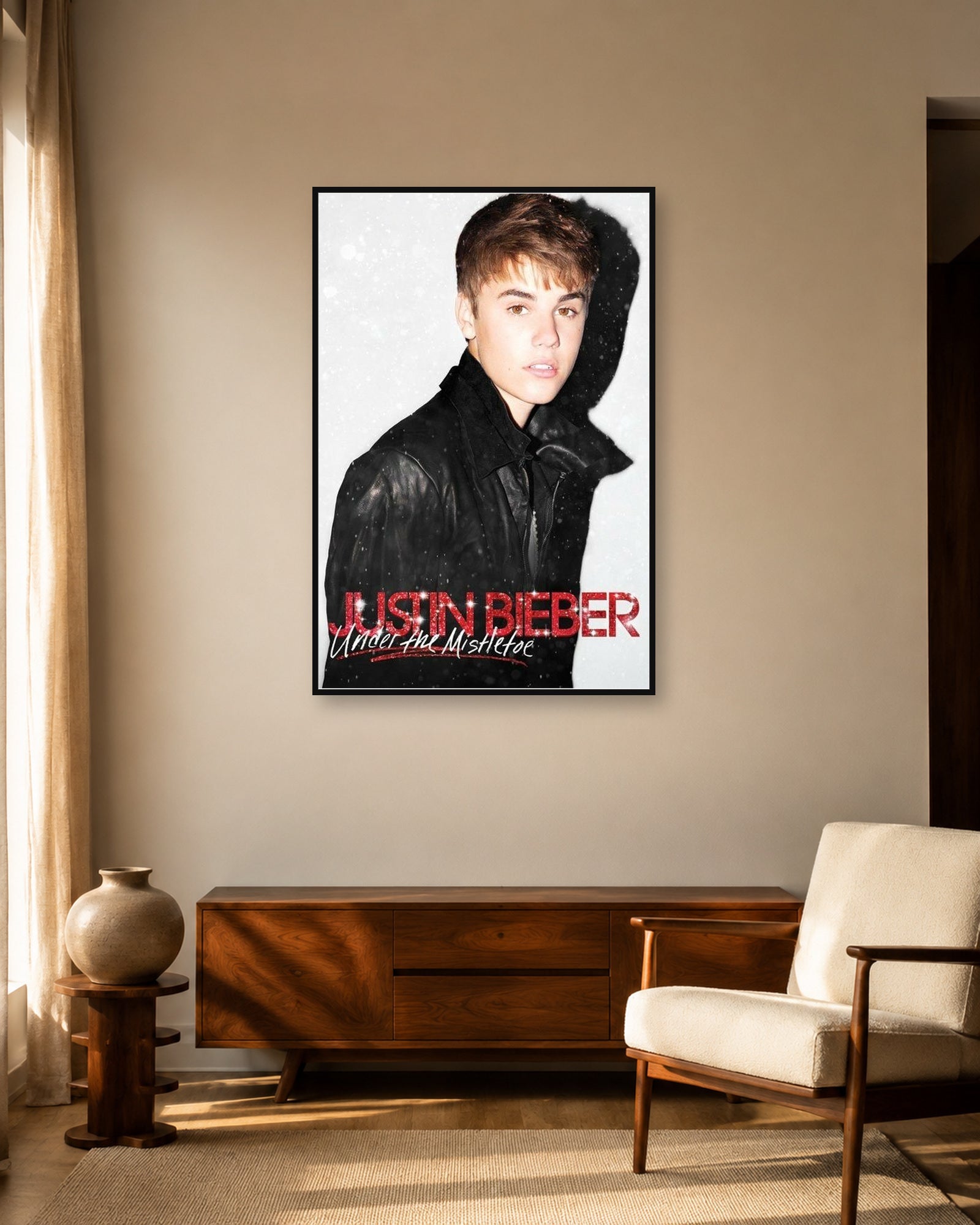 Justin Bieber Under the Mistletoe album poster in fixed warm mid-century living room display scene