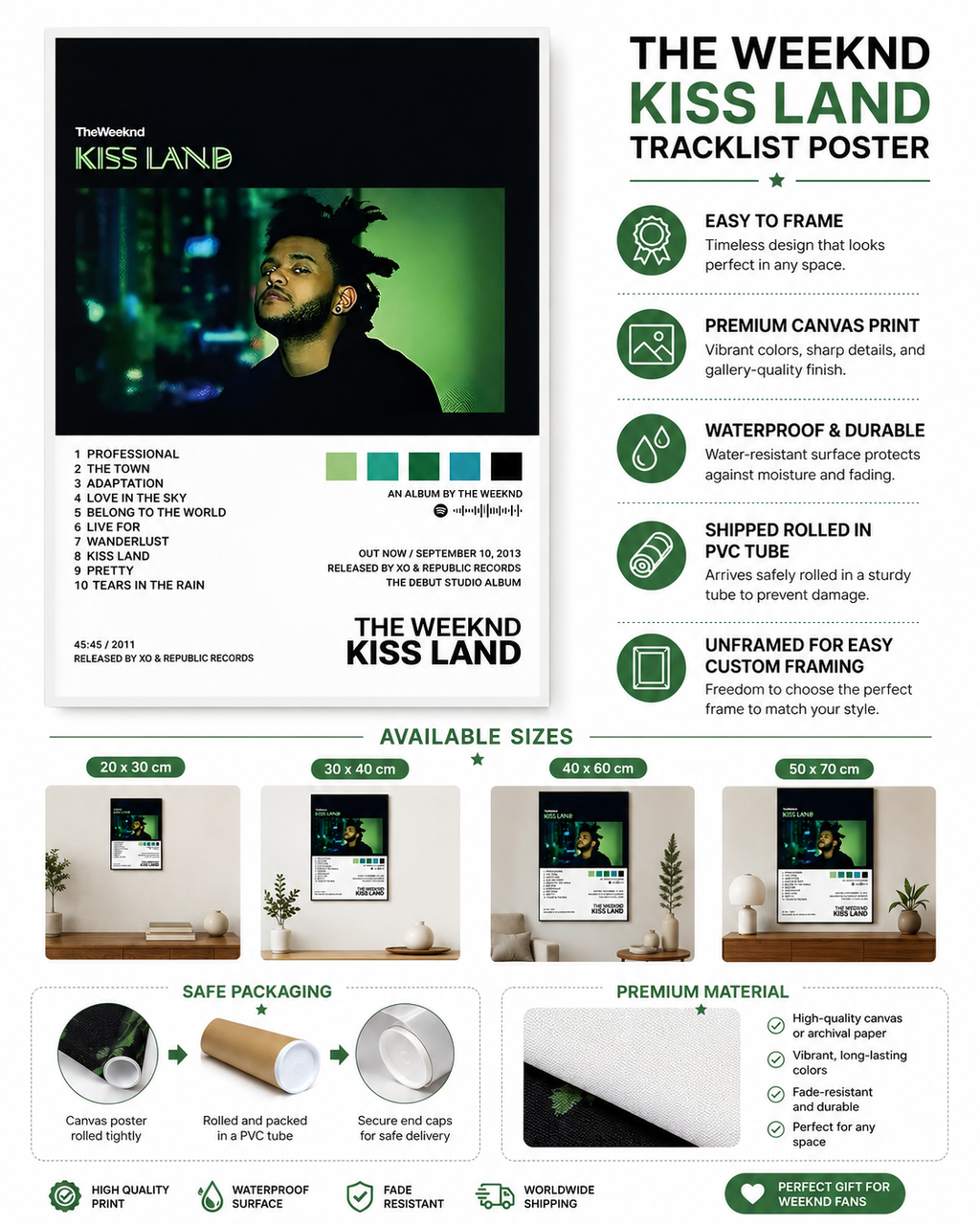 The Weeknd Kiss Land   | Waterproof Non-Woven Fabric Wall Art The Weeknd Kiss Land Wall Art Print - Premium Canvas , Music  Decor album cover poster print wall art decor