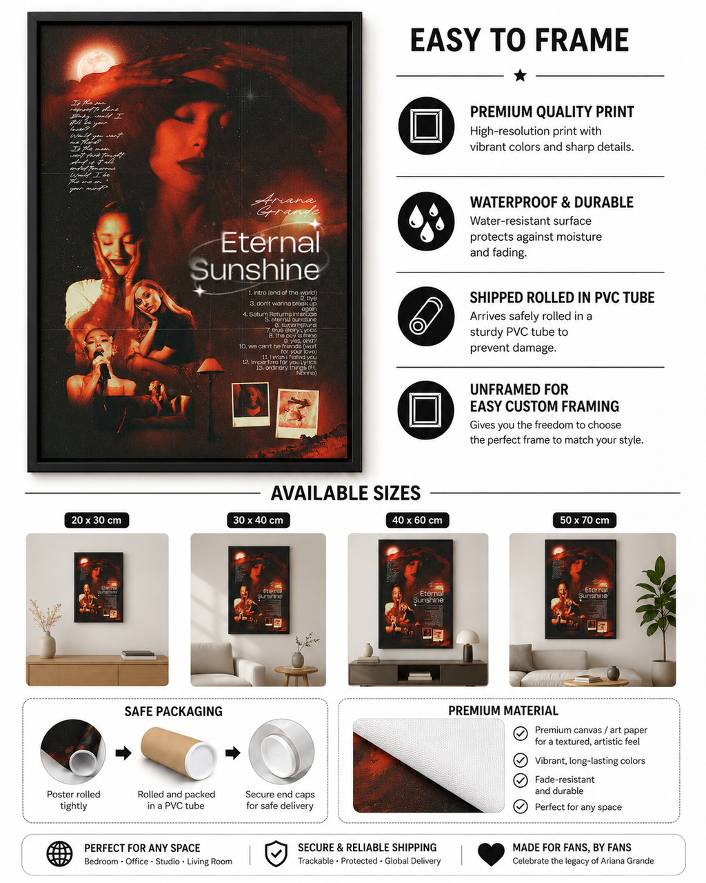 Ariana Grande Eternal Sunshine Red Aesthetic Collage  | Tracklist Lyric Art Print | Vintage Music Wall Decor for Fans album cover poster print wall art decor
