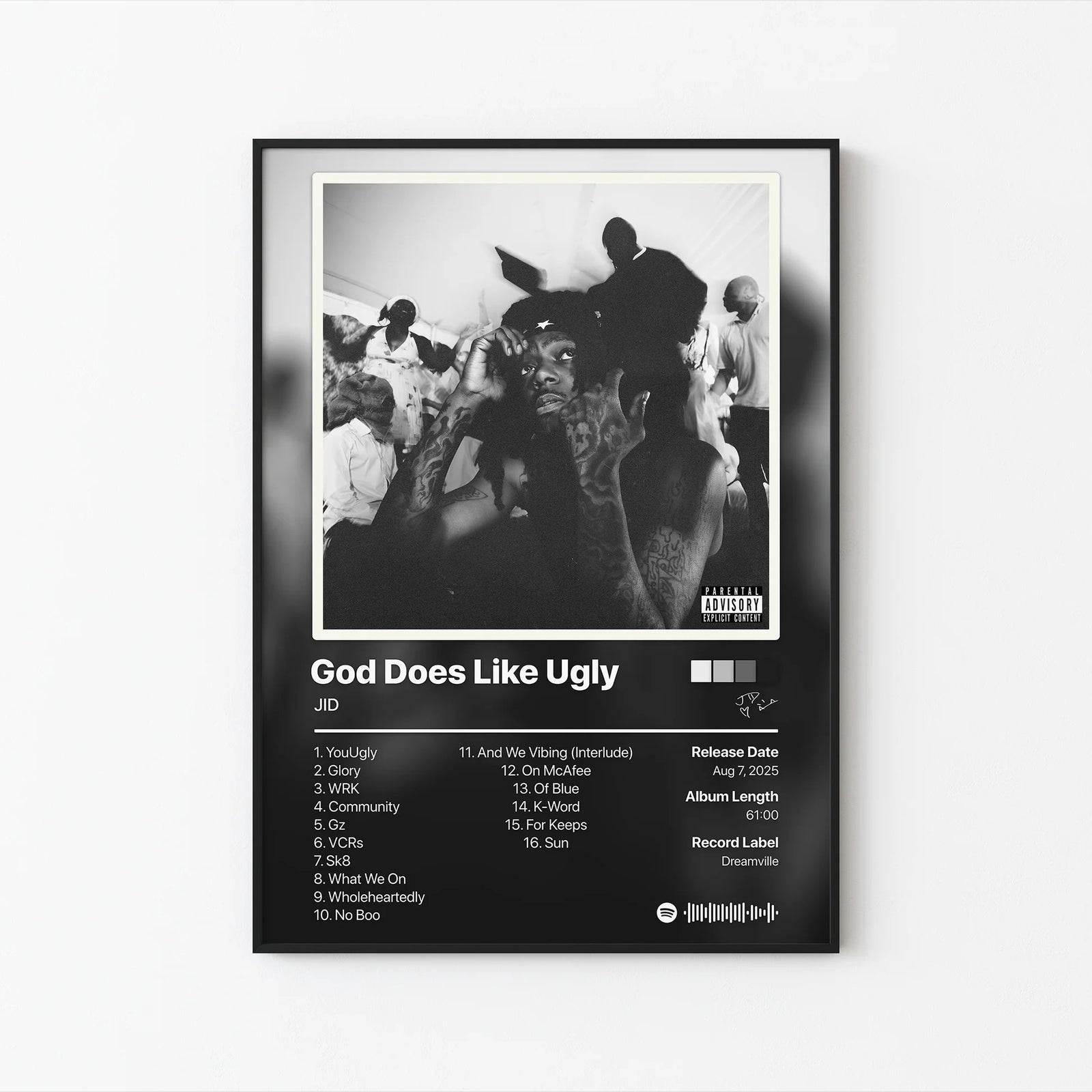 JID God Does Like Ugly Tracklist | Unframed Bedroom album cover poster print wall art decor