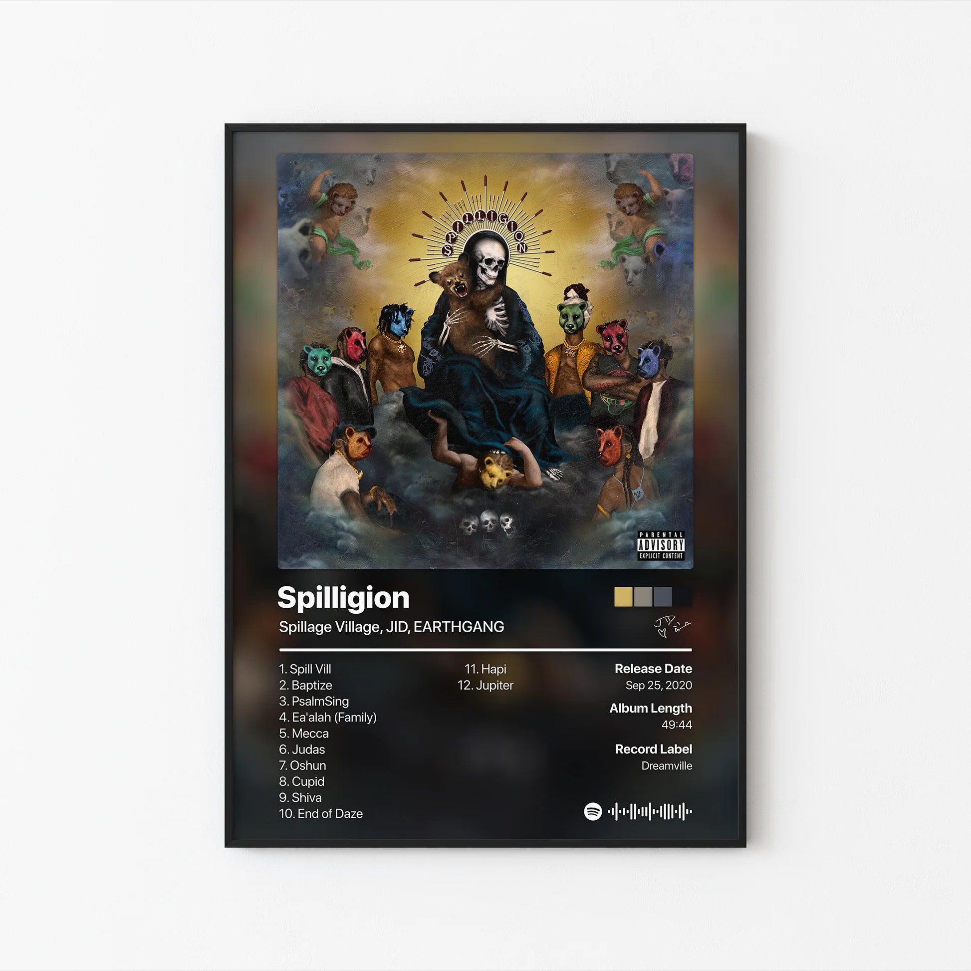Spillage Village, JID & EARTHGANG Spilligion 트랙리스트 포스터 | 프레임 없는 침실 벽 장식