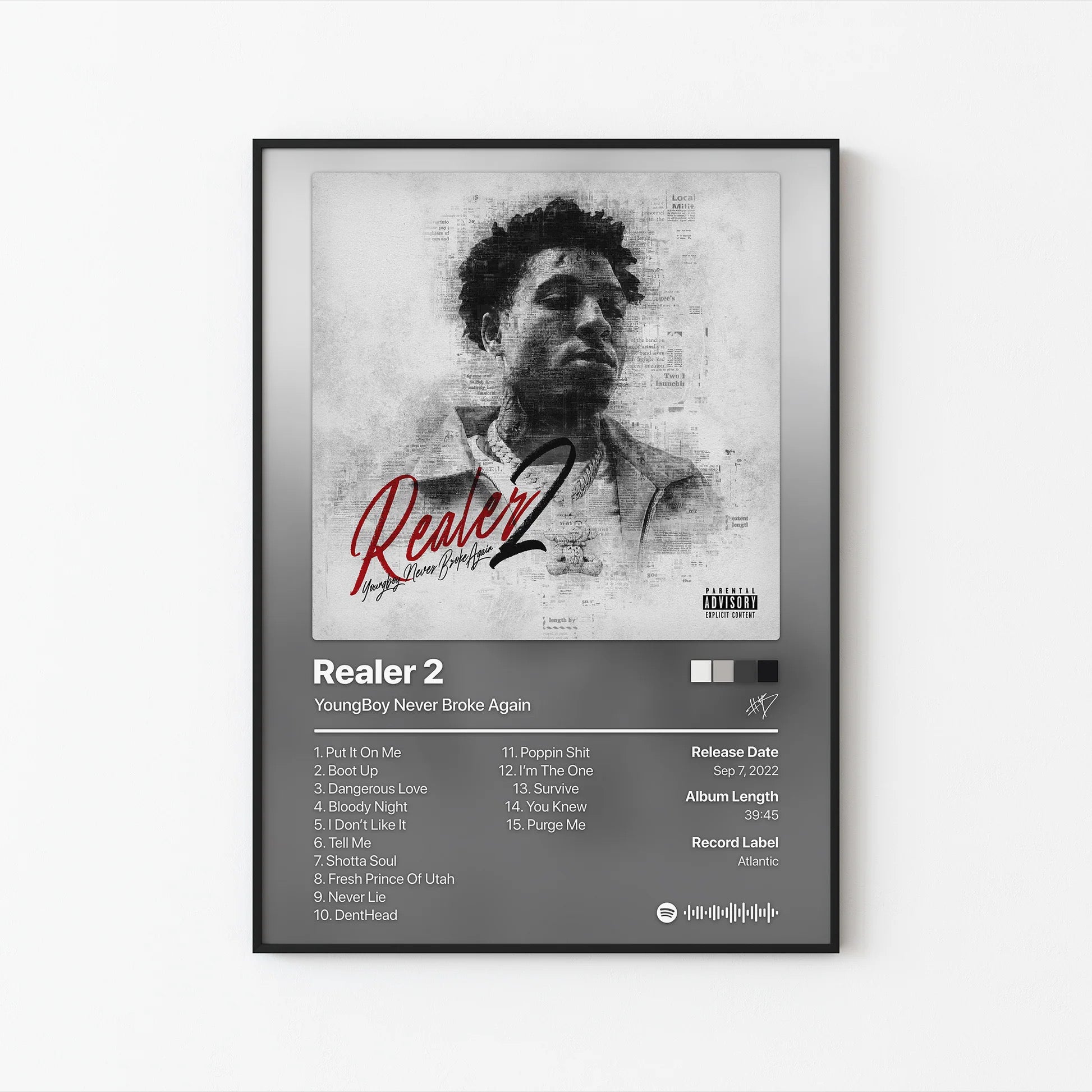 YoungBoy Never Broke Again Realer 2 트랙리스트 포스터 | 프레임 없는 침실 벽 장식