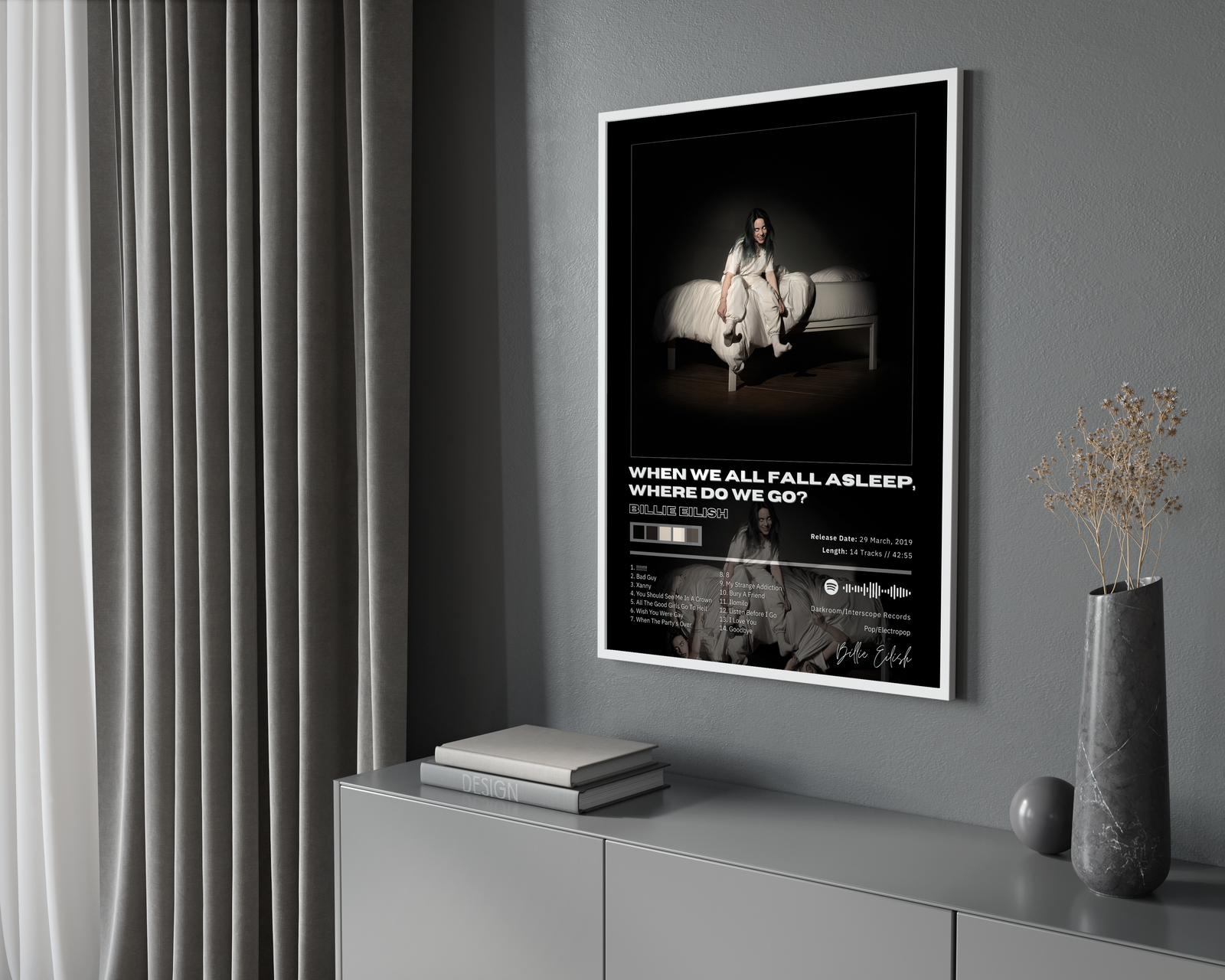 Billie Eilish When We All Fall Asleep Tracklist  | Unframed Bedroom album cover poster print wall art decor