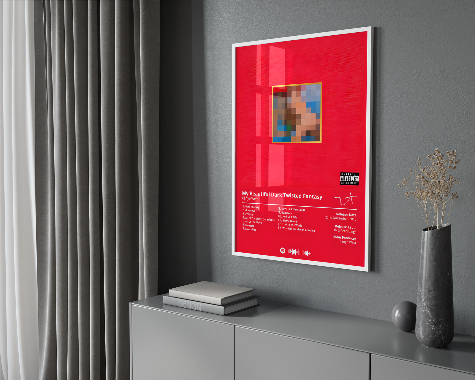 Kanye West My Beautiful Dark Twisted Fantasy  Tracklist  | Unframed Hip Hop album cover poster print wall art decor