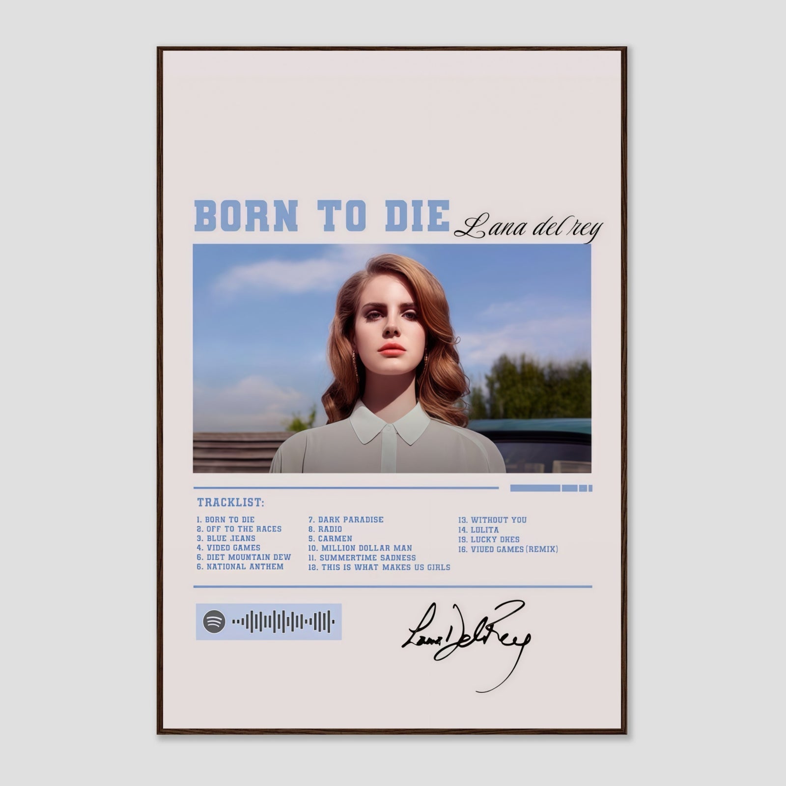 Lana Del Rey Born To Die  |  Tracklist & Spotify Code Canvas  for Music Fans album cover poster print wall art decor