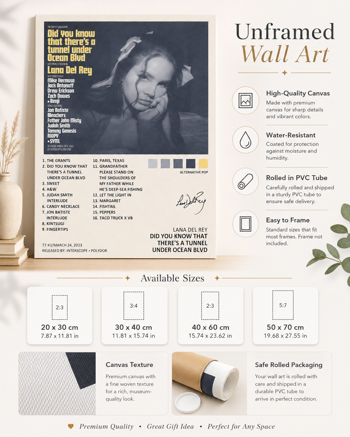 Lana Del Rey Ocean Blvd Tracklist  | Unframed Bedroom album cover poster print wall art decor