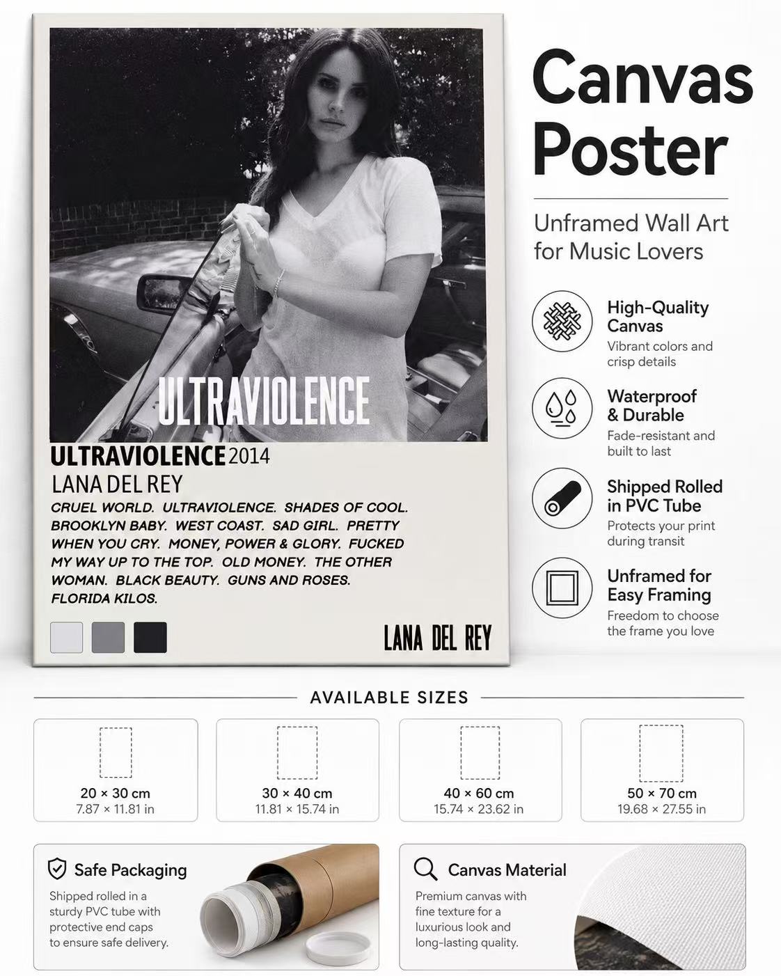 Lana Del Rey Ultraviolence Tracklist  | Unframed Bedroom album cover poster print wall art decor