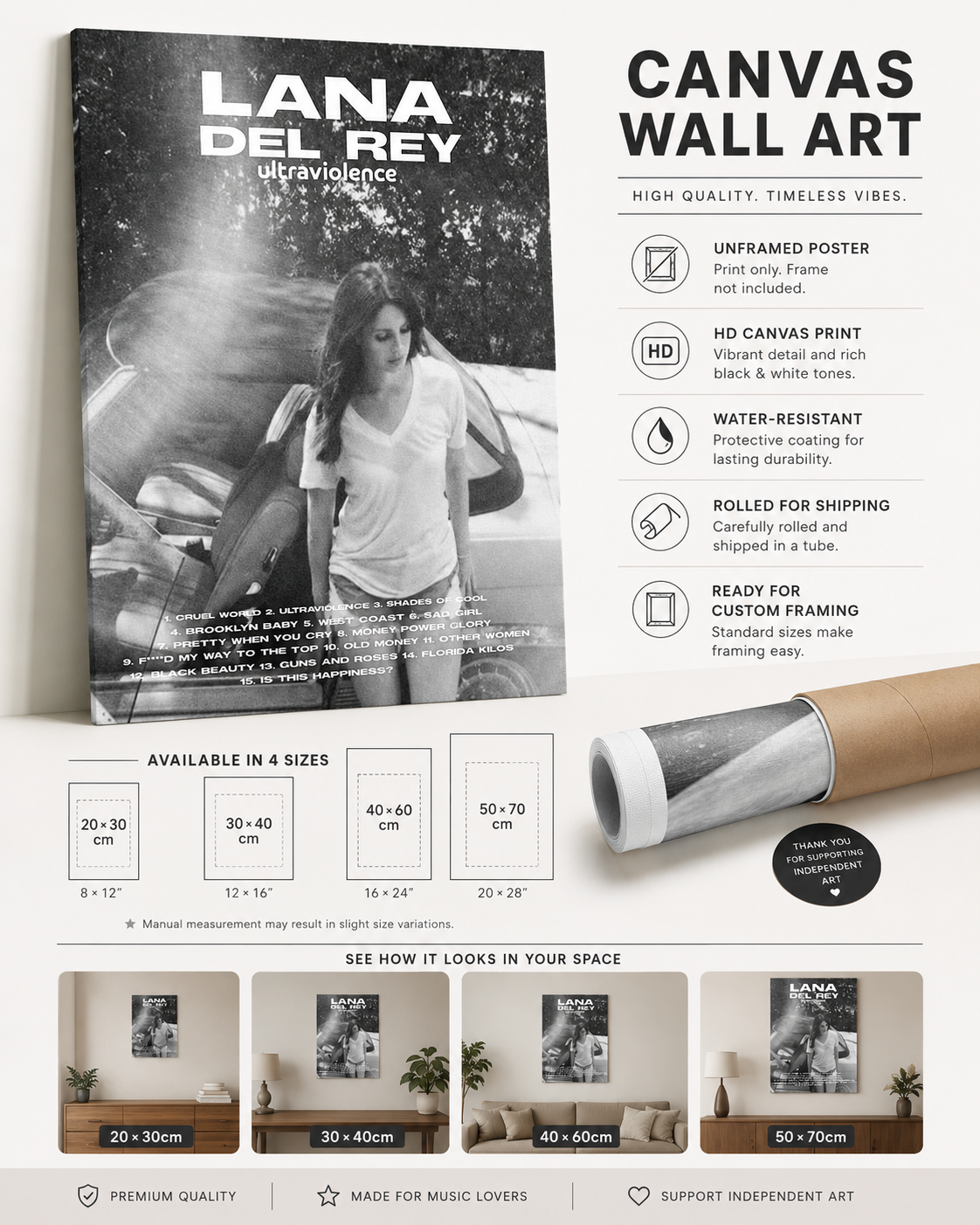 Lana Del Rey Ultraviolence  | Vintage  Tracklist Canvas  for Music Fans album cover poster print wall art decor