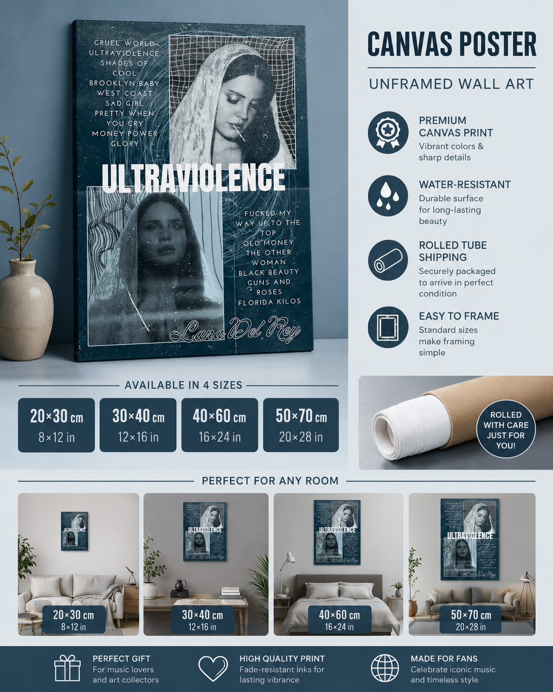 Lana Del Rey Ultraviolence Collage  | Vintage  Tracklist Canvas  for Music Fans album cover poster print wall art decor