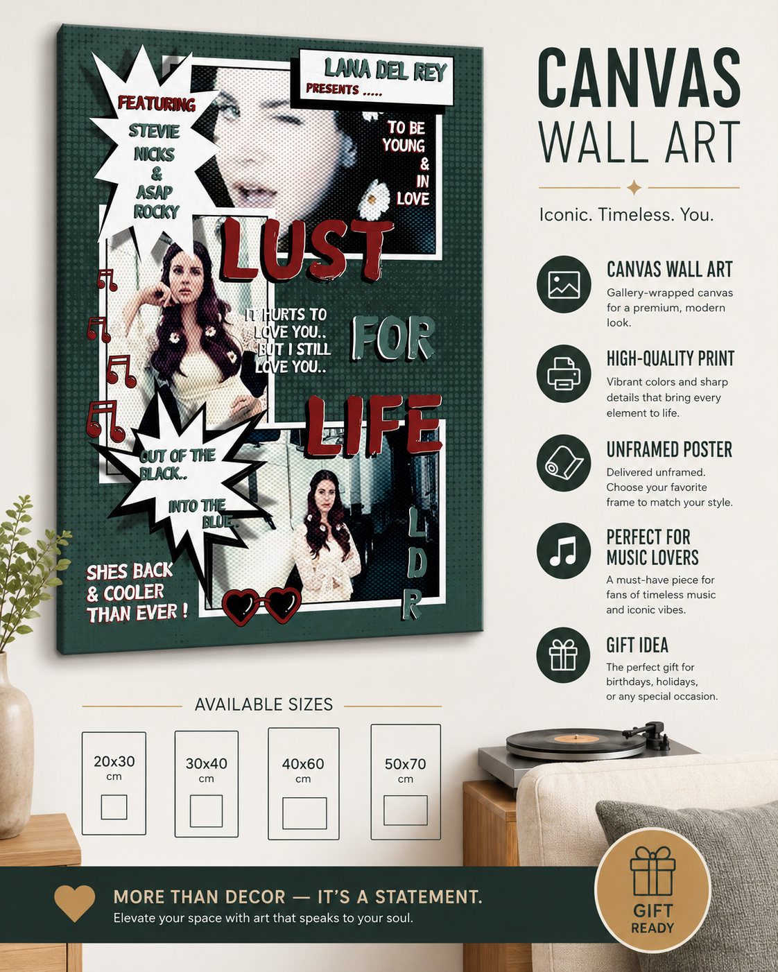 Lana Del Rey Lust For Life Retro Comic Collage  | Vintage   with Featured Artists for Aesthetic Room Decor album cover poster print wall art decor