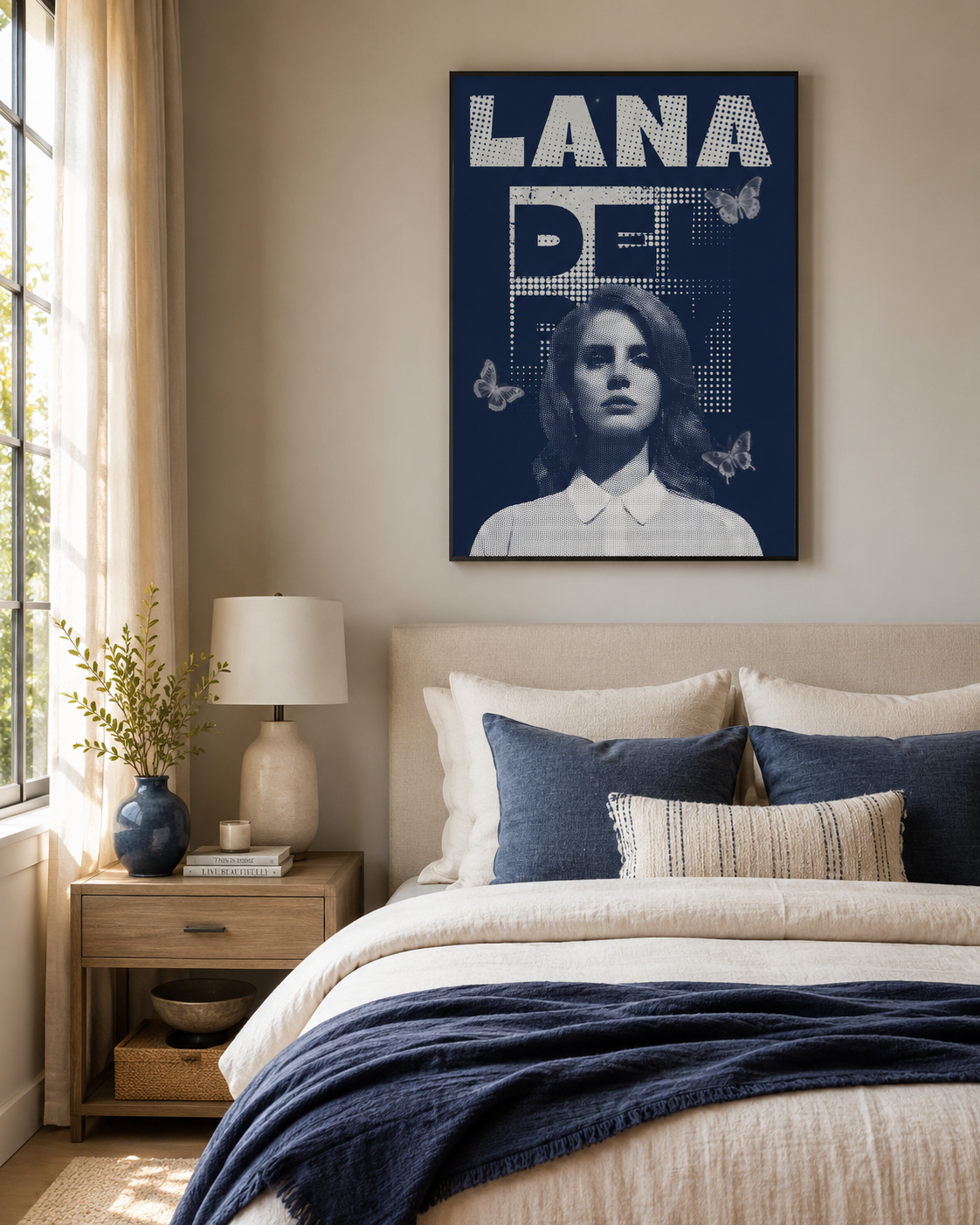 Lana Del Rey Halftone Butterfly  | Vintage Navy Blue Canvas  for Music Fans & Aesthetic Room Decor album cover poster print wall art decor