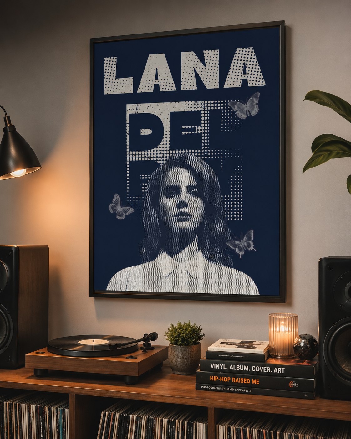 Lana Del Rey Halftone Butterfly  | Vintage Navy Blue Canvas  for Music Fans & Aesthetic Room Decor album cover poster print wall art decor