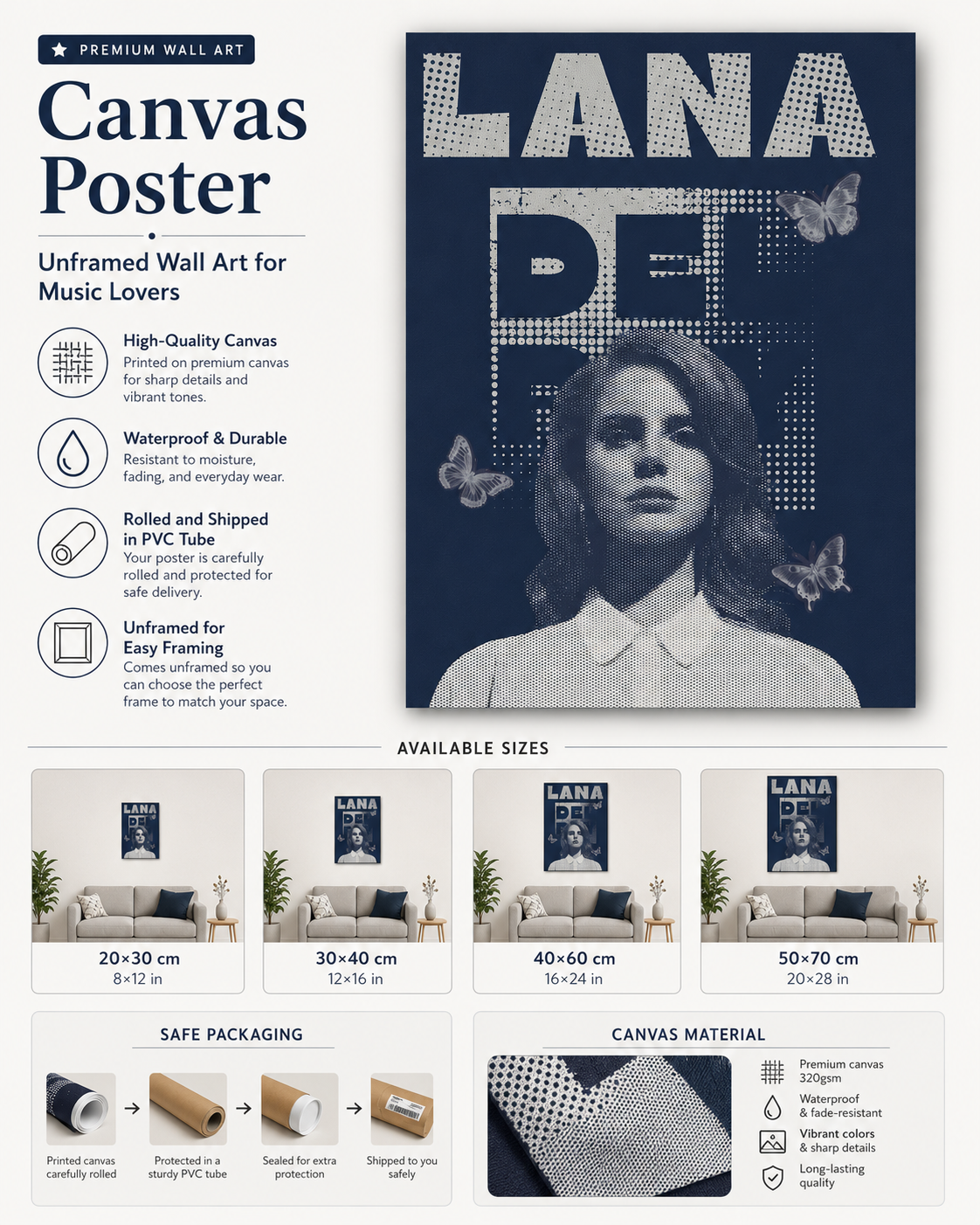 Lana Del Rey Halftone Butterfly  | Vintage Navy Blue Canvas  for Music Fans & Aesthetic Room Decor album cover poster print wall art decor