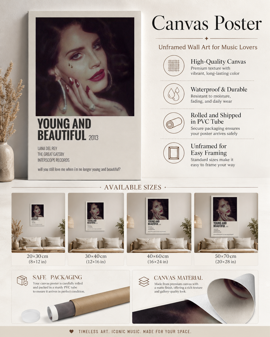 Lana Del Rey Young And Beautiful  | The Great Gatsby Song  for Vintage Aesthetic Decor album cover poster print wall art decor